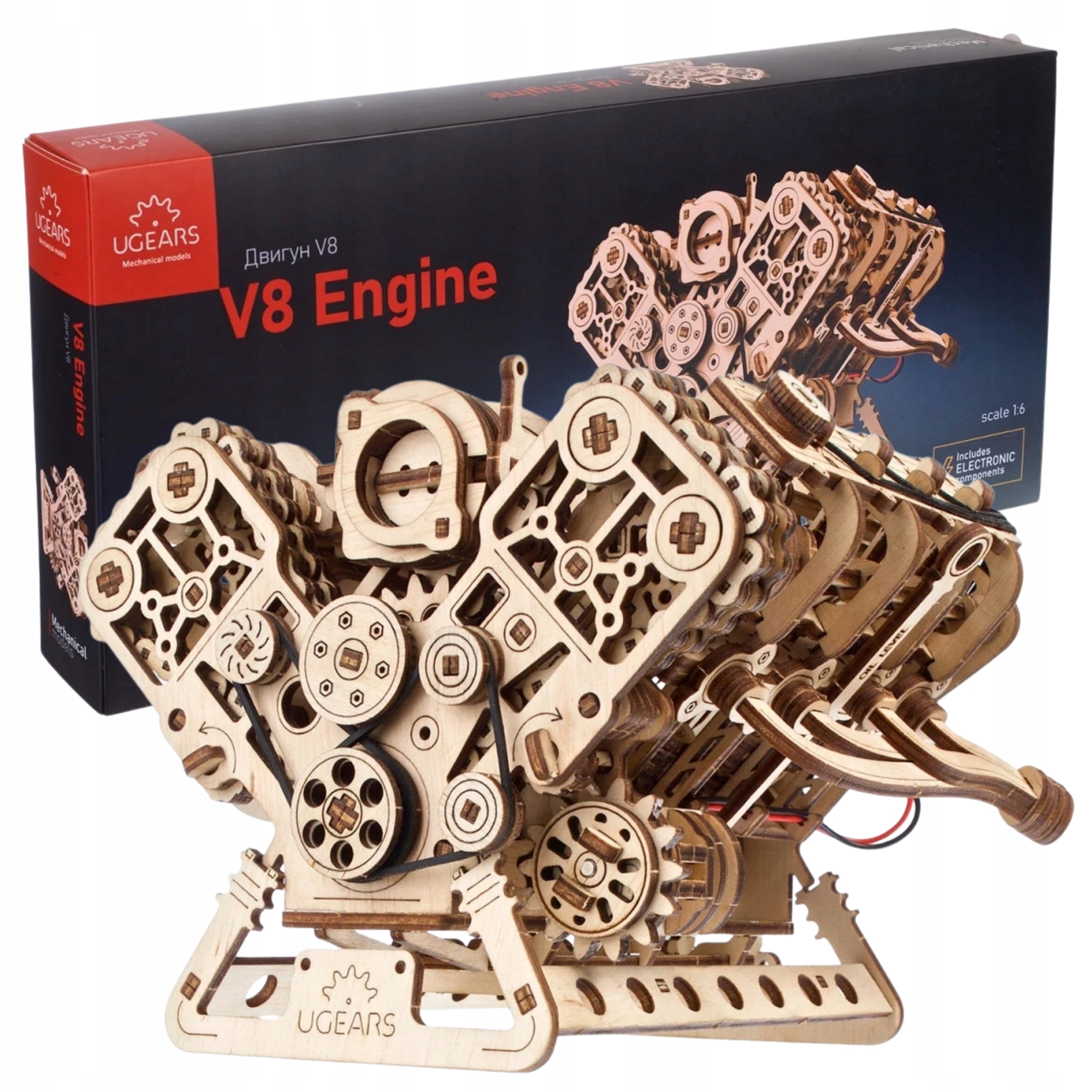 Ugears Silnik V8 drewniany mechaniczny model 3D do składania