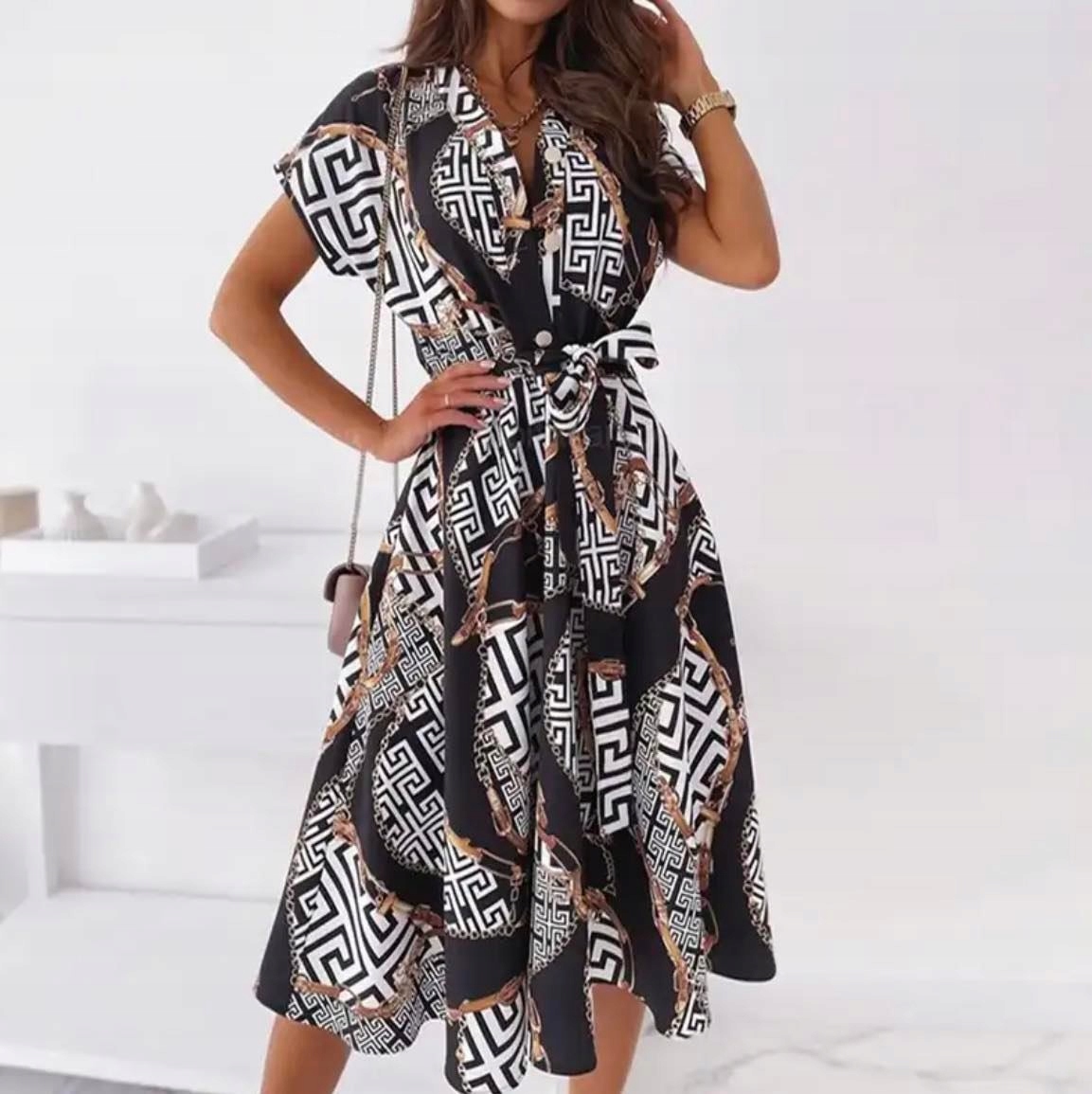 ELEGANCKA SUKIENKA VINTAGE SUKNIA MIDI WZORY KLASYCZNA STYLOWA CZ 42 XL Marka Bergens