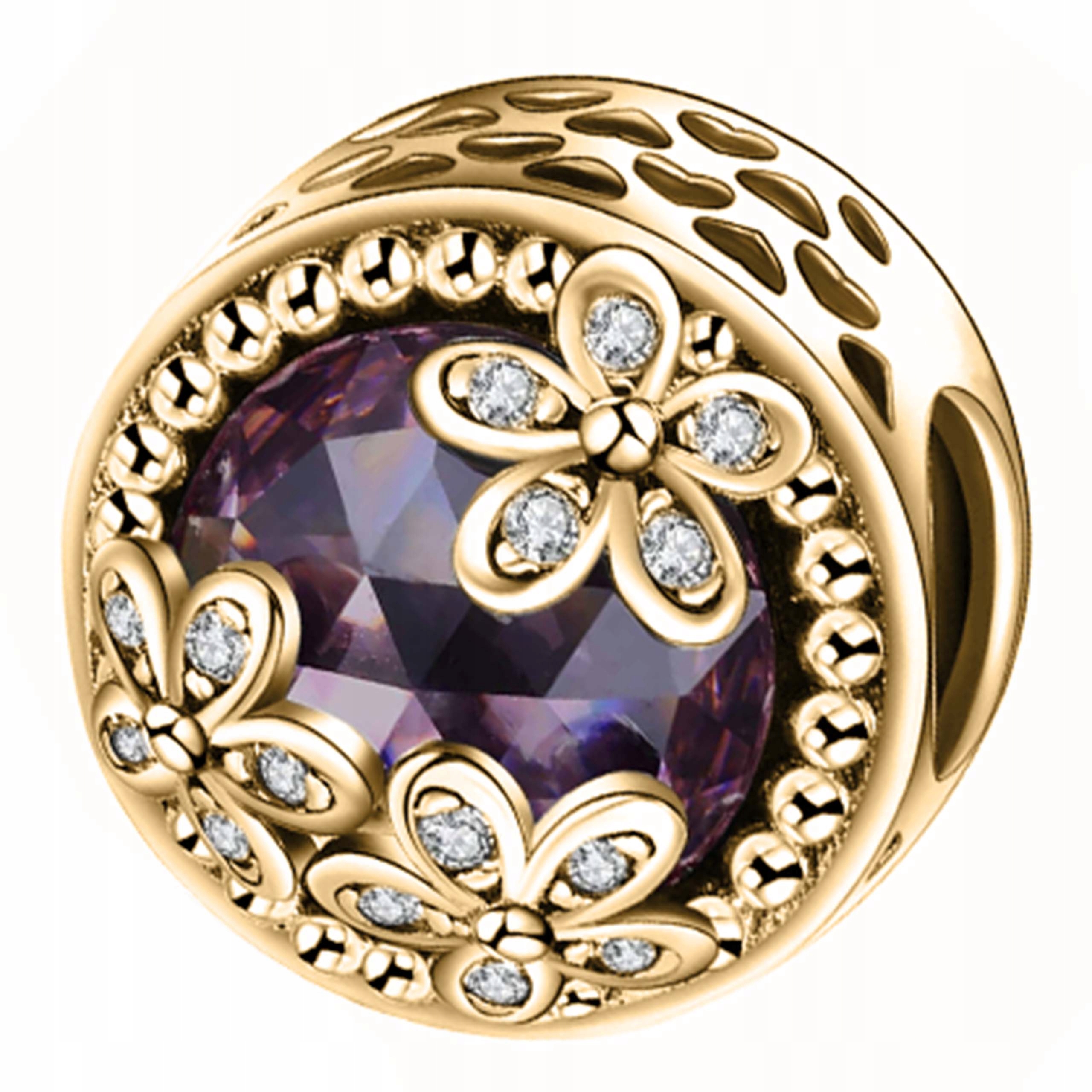 Zlatý Charms Křišťálový Fialový Kámen Květiny Beads Stříbro 925