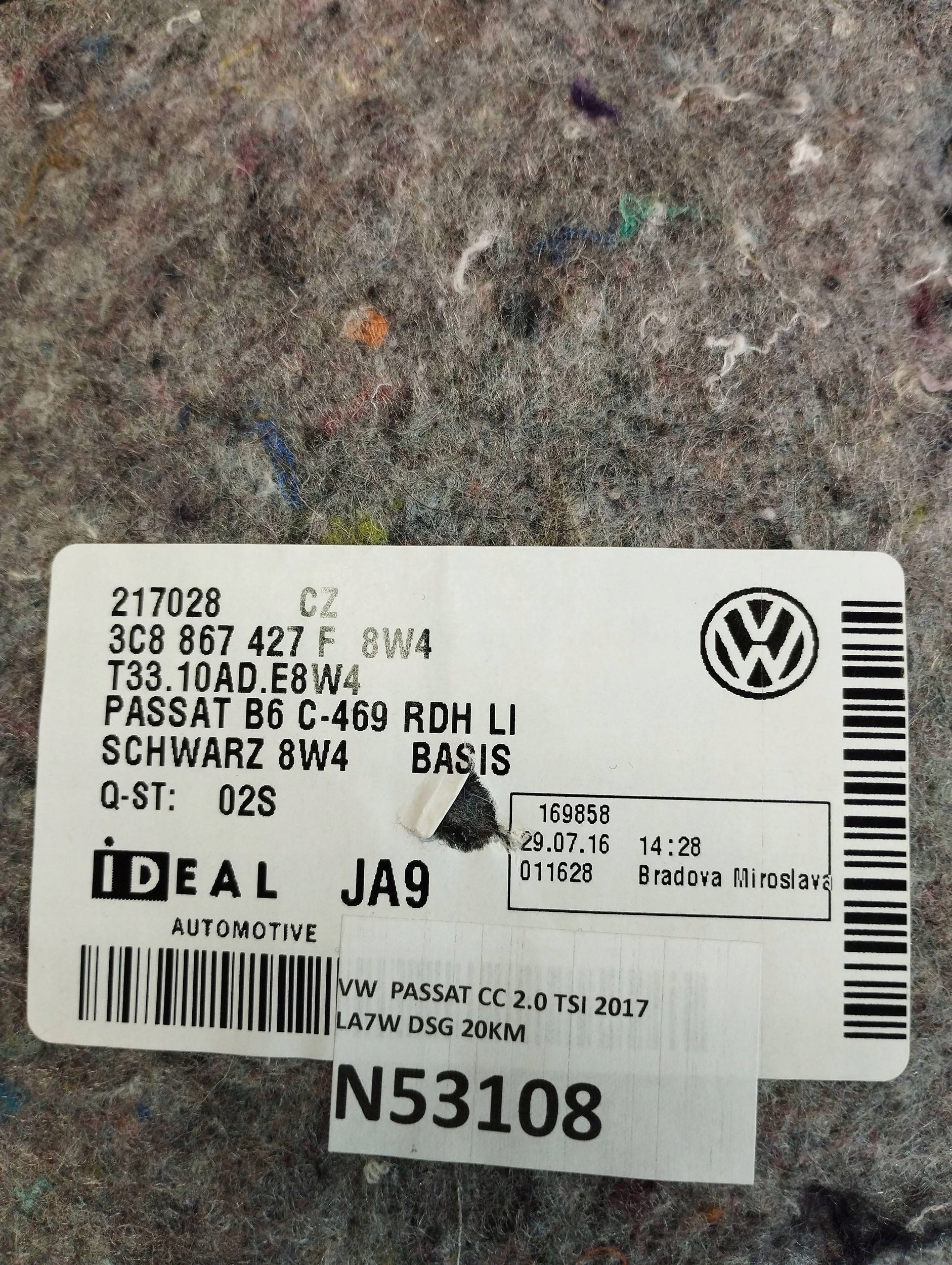 Volkswagen PASSAT CC boot upholstery left rear part 3C8867427F