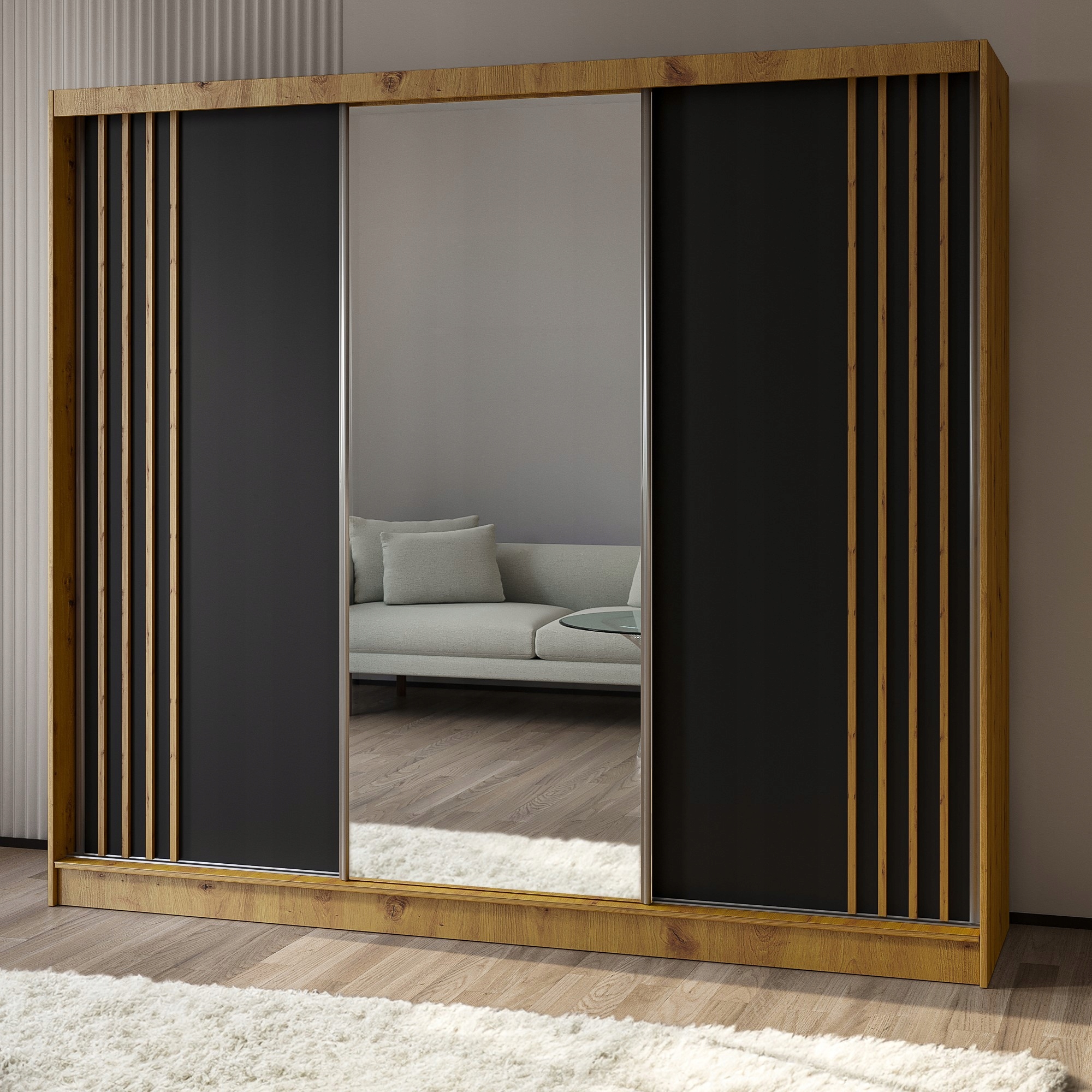 Skříň skříň Nelvia 240 cm Skříň se zrcadlem Posuvná dub artisan