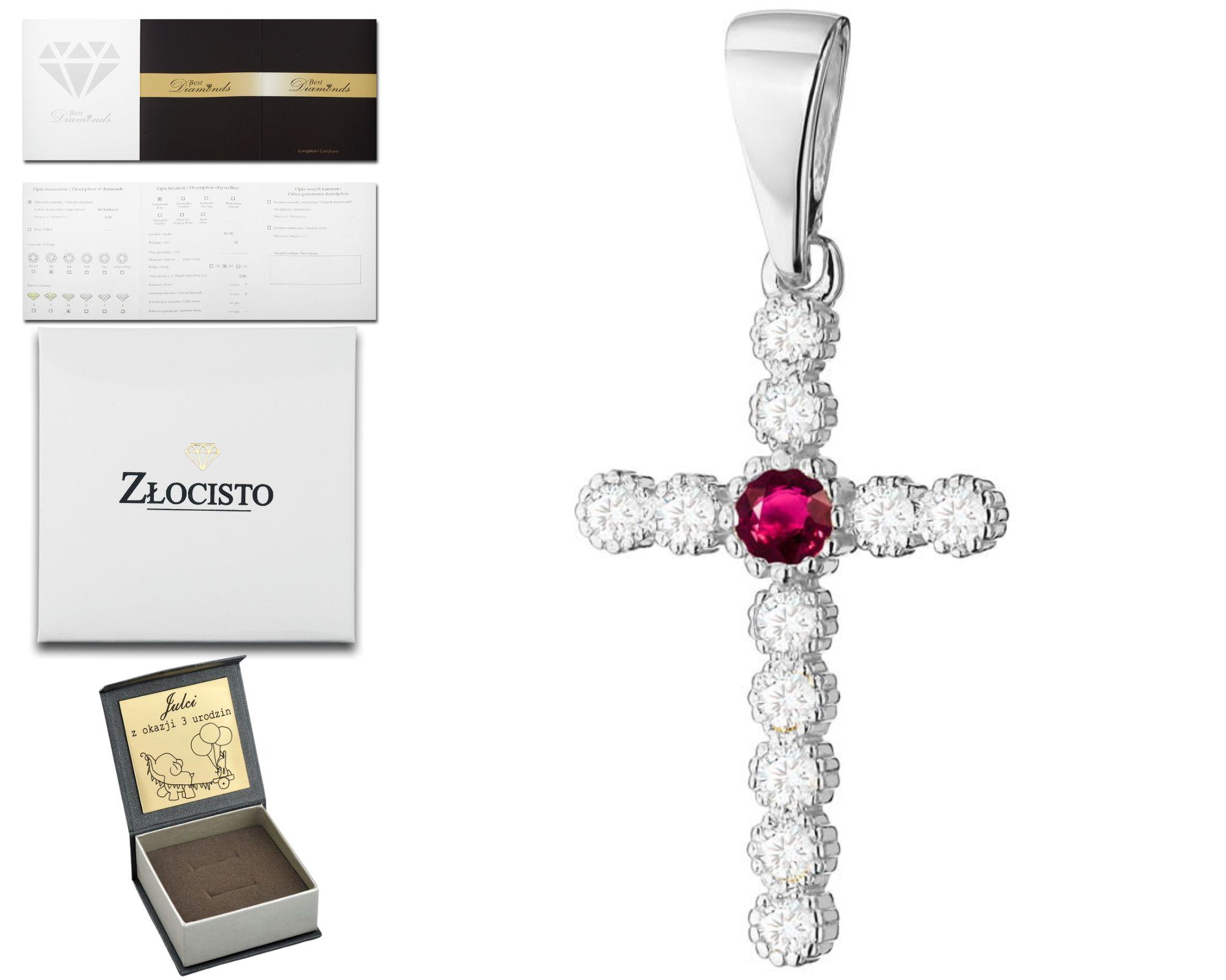 Bílé Zlato Přívěsek Křížek Rubín Brilianty Jako Dárek 585 Gravírování