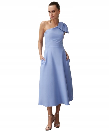 Trendyol Błękitna Sukienka MIDI Na Jedno Ramię Z Ozdobną Kokardą 40 5_A