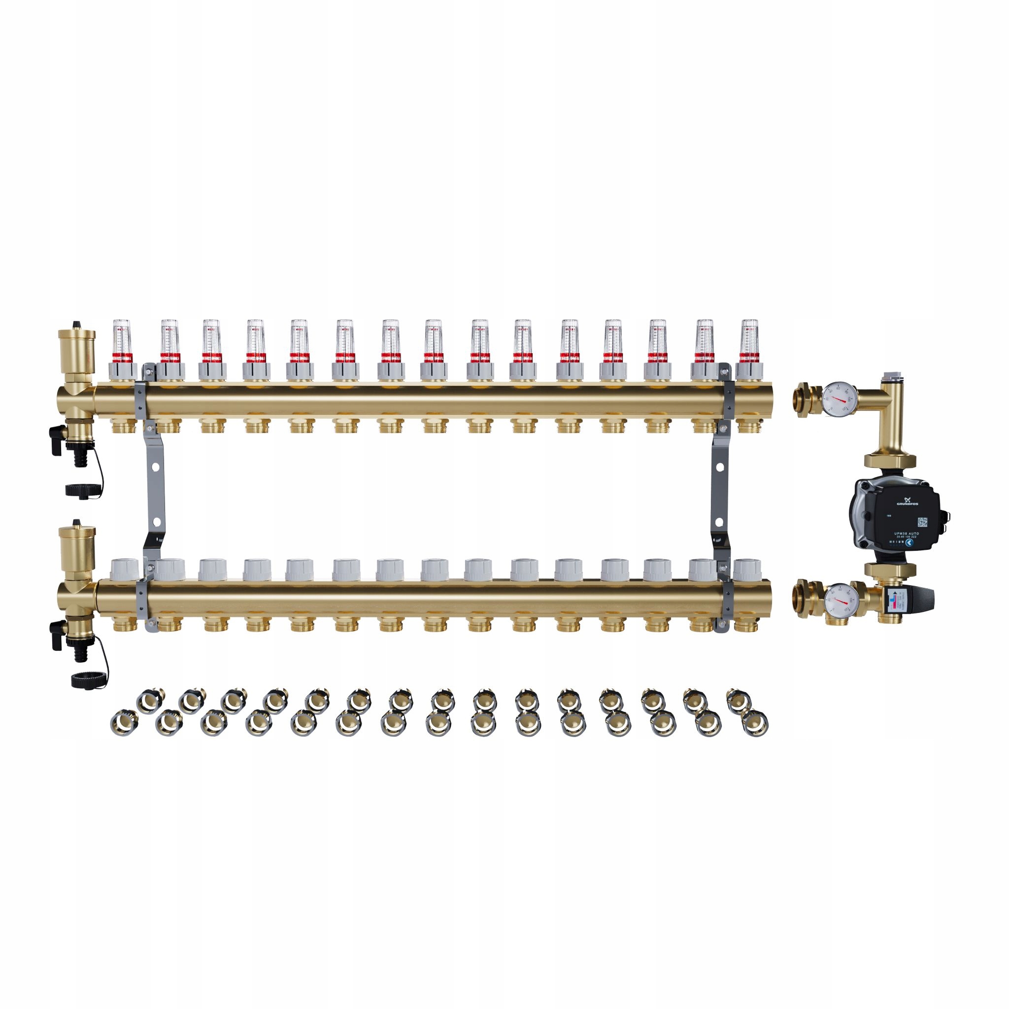 Rozdělovač pro podlahové topení 15 sekcí Spojky Pex+pompa Grundfos