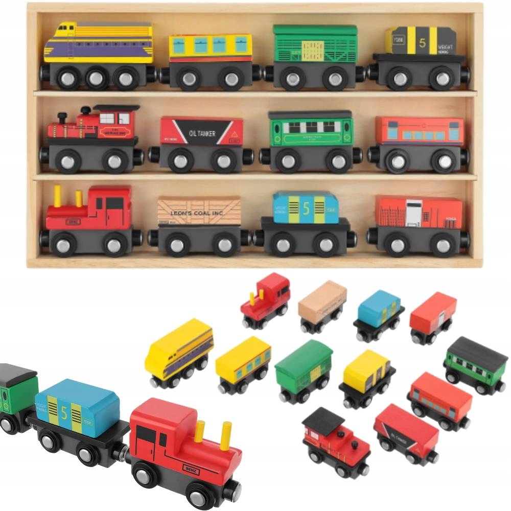 DREWNIANA KOLEJKA NA MAGNES LOKOMOTYWA WAGONY 13EL