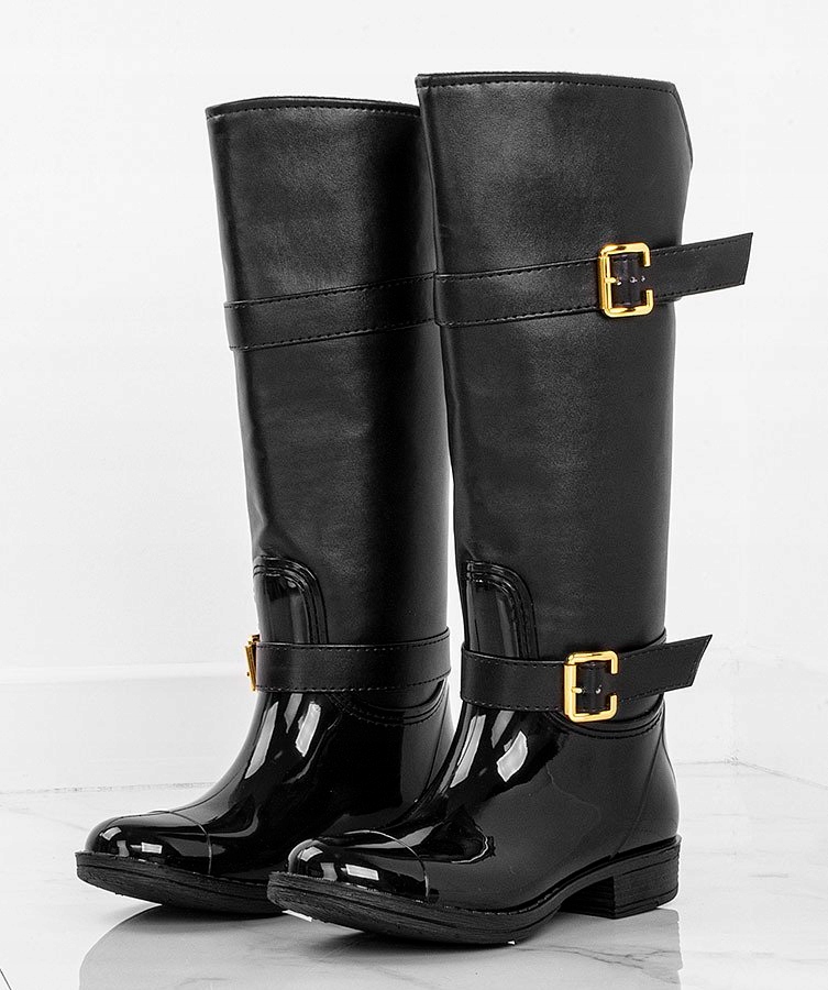 CZARNE SKÓRZANE KALOSZE ZŁOTY ZAMEK Wysokość do kolana