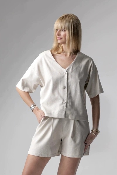 Meryl lněný krátký komplet loungewear latte XXL
