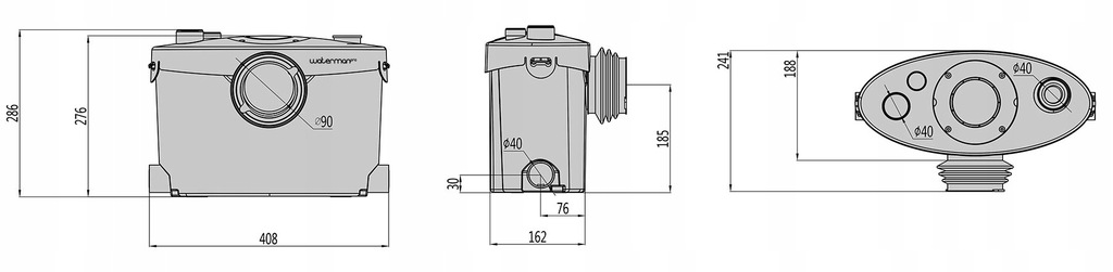 POMPA WC ROZDRABNIACZ MŁYNEK WATERMAN PRO PRZEPOMPOWNIA CICHA GORĄCA WODA Maksymalna wydajność 100 l/min