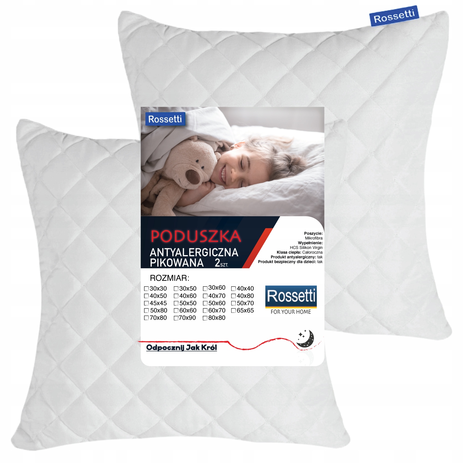 

2 x Poduszka Antyalergiczna 70x80 Pikowana Gruba