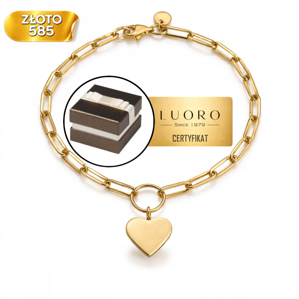 Náramek Zlatý 585 14K Články Plné Srdce 18,5 CM Elegantní