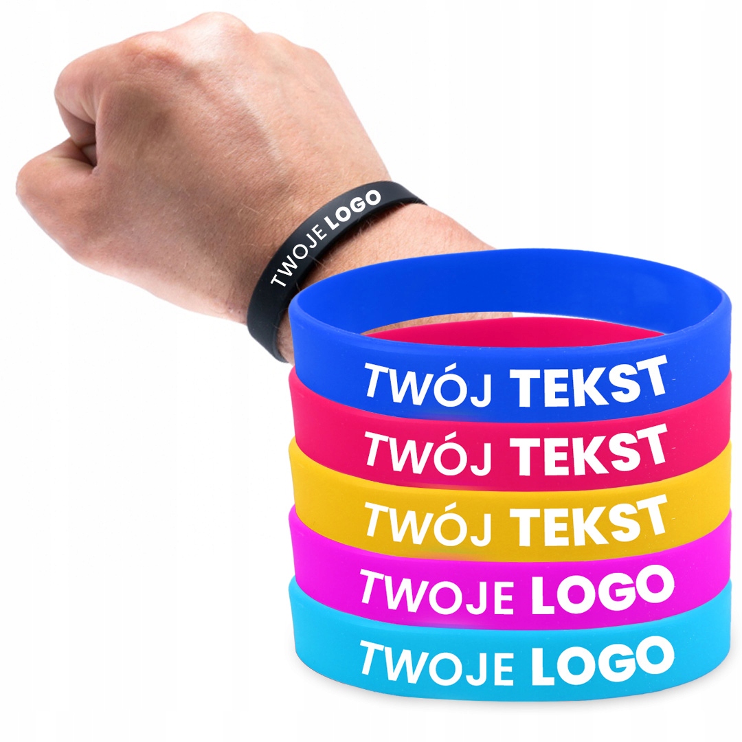 OPASKI SILIKONOWE REKLAMOWE Z NADRUKIEM WŁASNE LOGO TEKST KOLOR 100szt