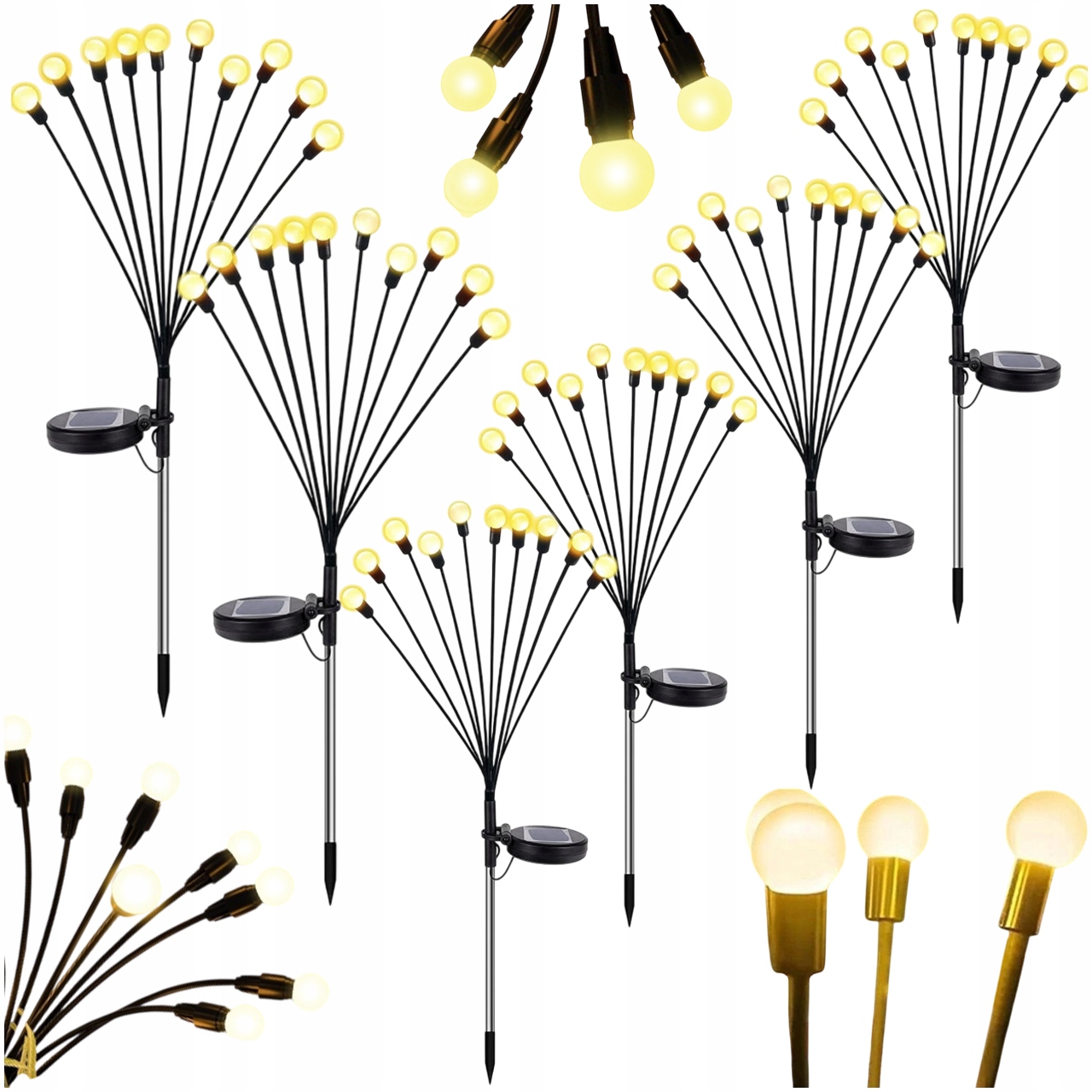 6x Lampa Solarna Wbijana Czarny 10LED Kulki Biały Ciepły 65CM IP65