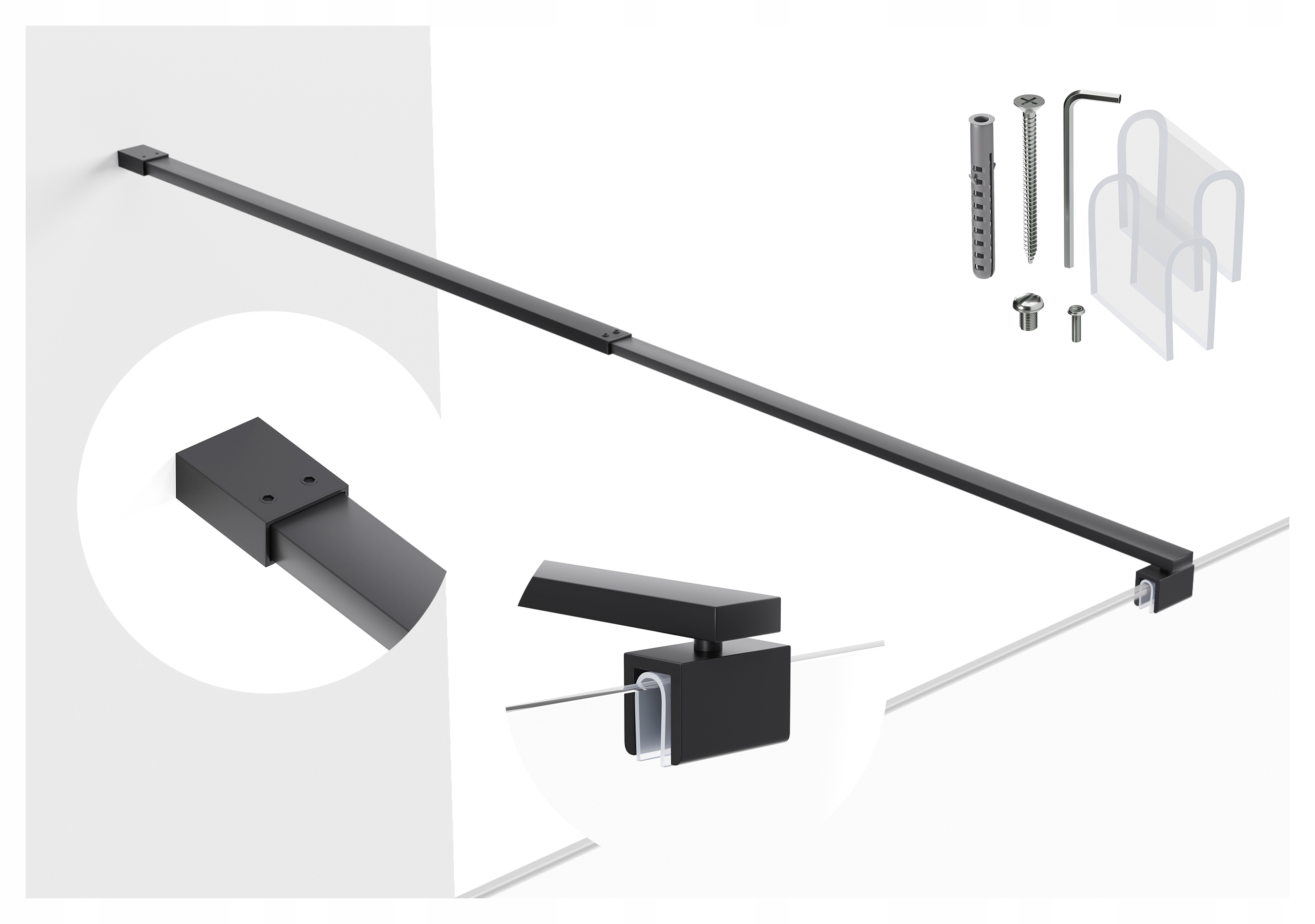 Držák do kabiny nastavitelný od 69,5 do 120 cm, sklo 6-8 mm, černá matná barva