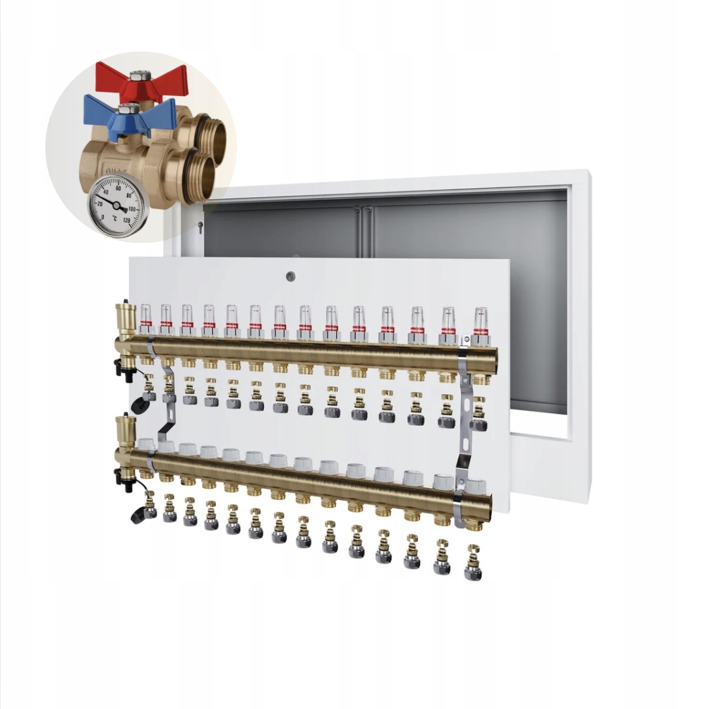 Rozdělovač podlahového vytápění 14 Nástěnná Skříňka+pex+kulový Ventil