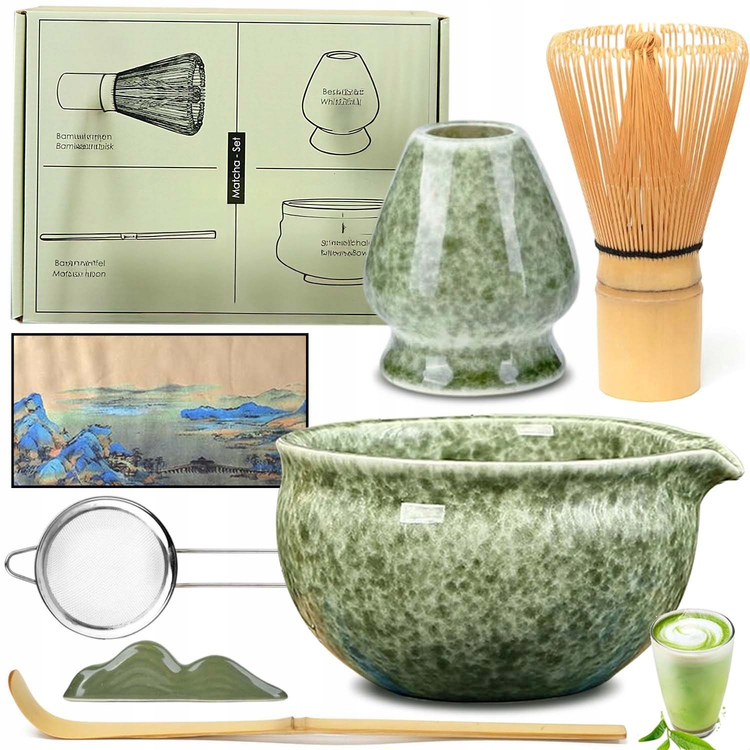 Dárková Sada Na Čaj Matcha Šálek Metlička Podstavec Lžička 7 Ks