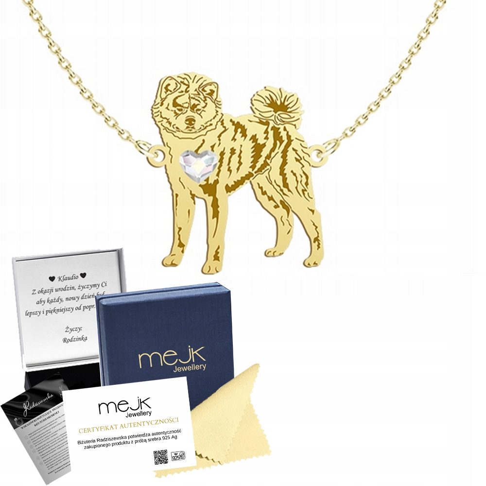 Zlatý náhrdelník Akita japonská 925 Dárek Řetízek Žena Gravírování Bonus