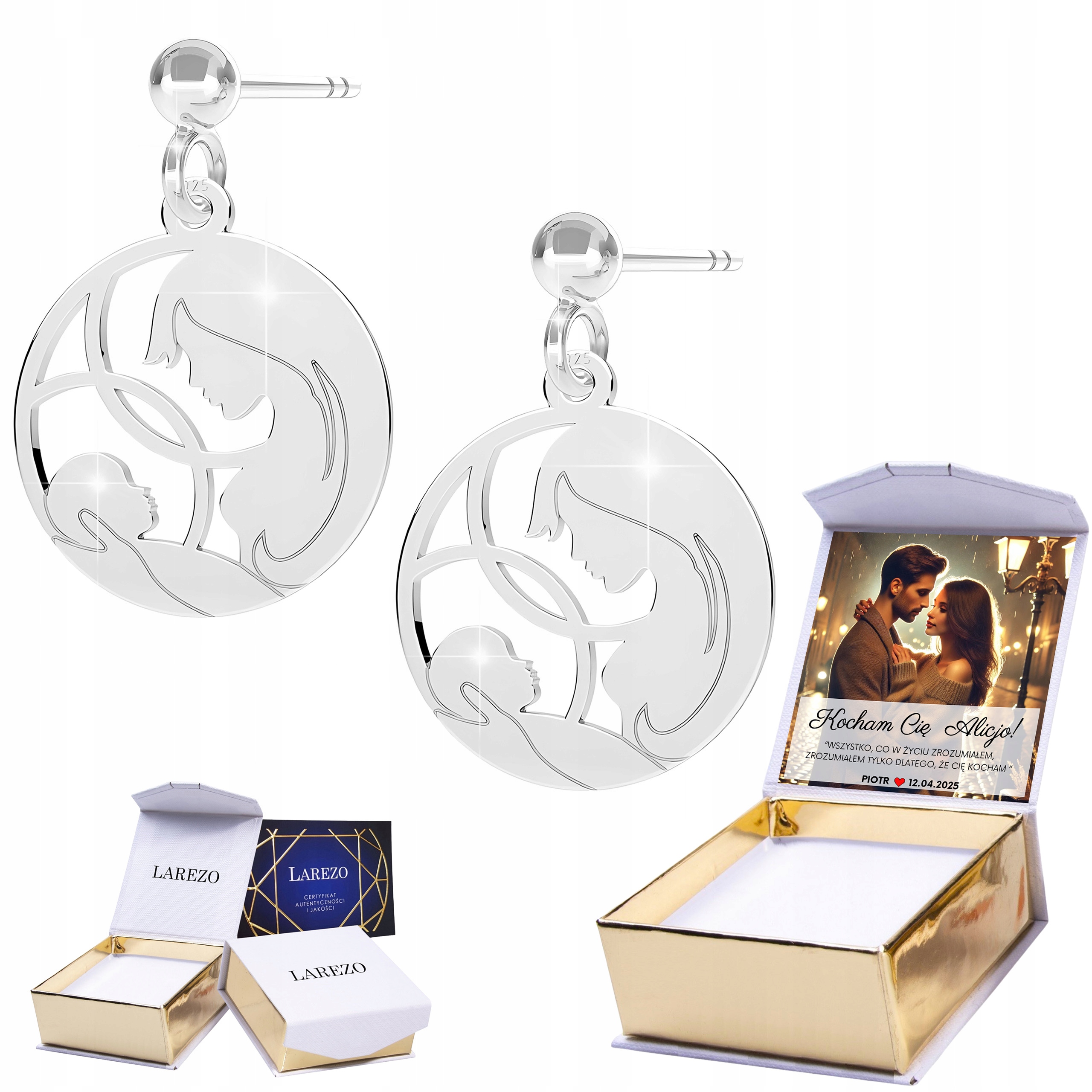 Stříbrné Náušnice Maminka Matka s dítětem Kulatý plech Dýka Potisk