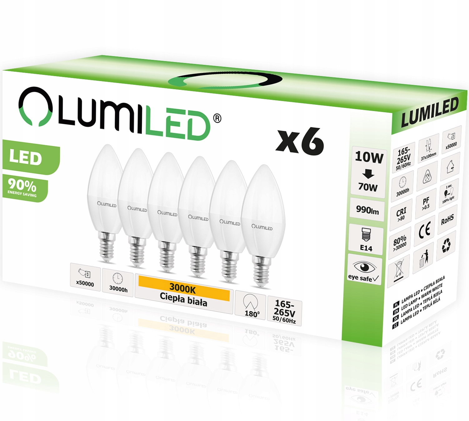 

6x Żarówka Led Świeczka E14 10W 70W 3000K Lumiled