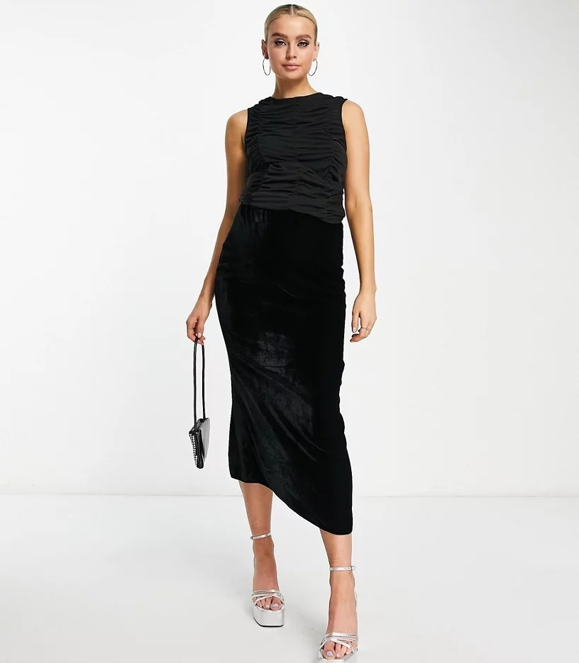 ASO __MJ3 SPÓDNICA CIĄŻOWA WELUROWA VELVET MIDI ROZPOREK CZARNA __M Rozmiar M