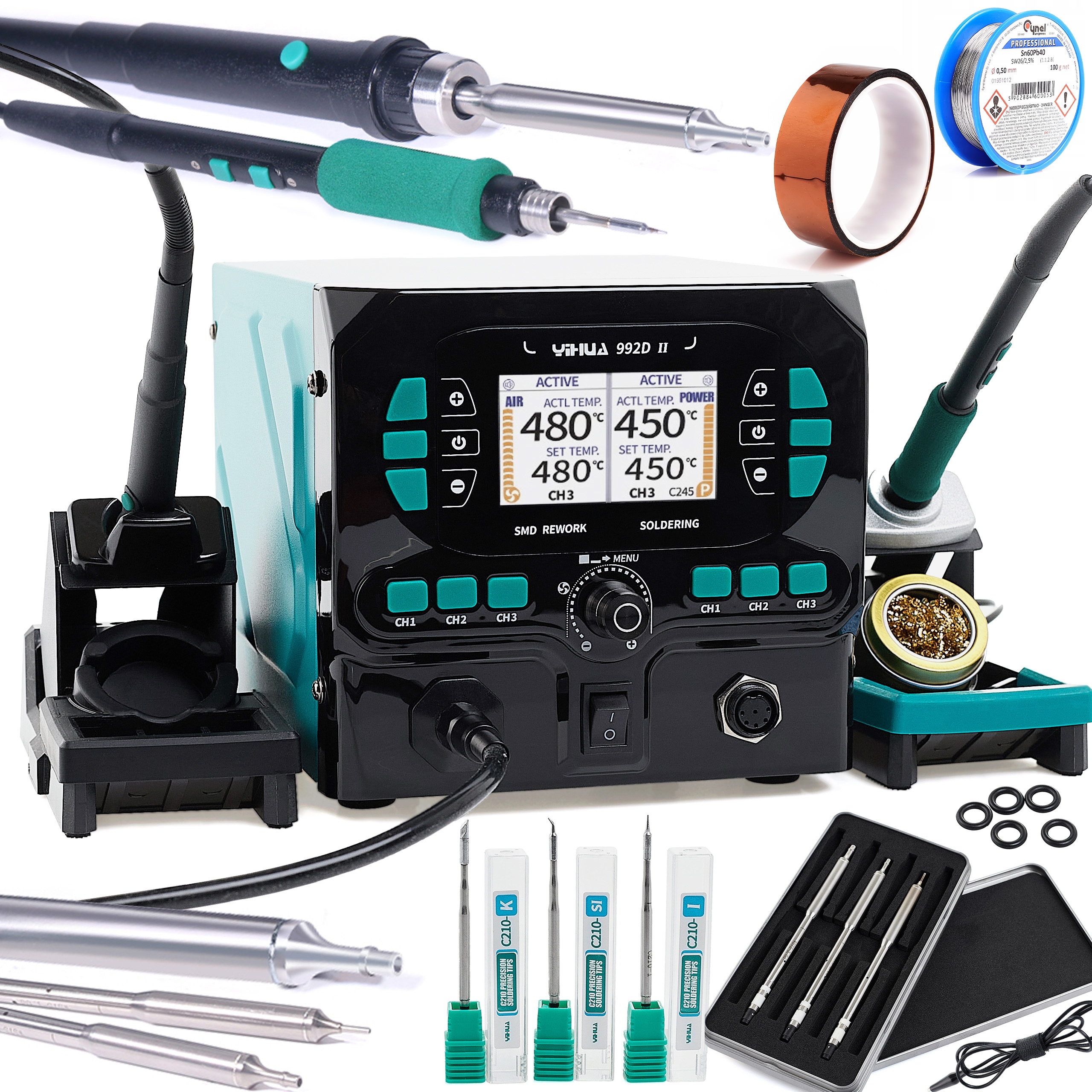 Přesná Pájecí Stanice Hot Air 2V1 Yihua 992D-II Aixun Hroty 210
