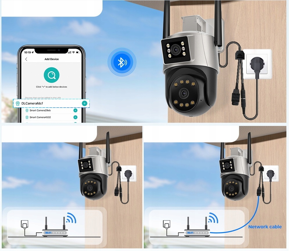 PODWÓJNA KAMERA WIFI IP SMART ZEWNĘTRZNA OBROTOWA 2x 3MPx DETEKCJA 6MPx 6MP Model HYF-P02