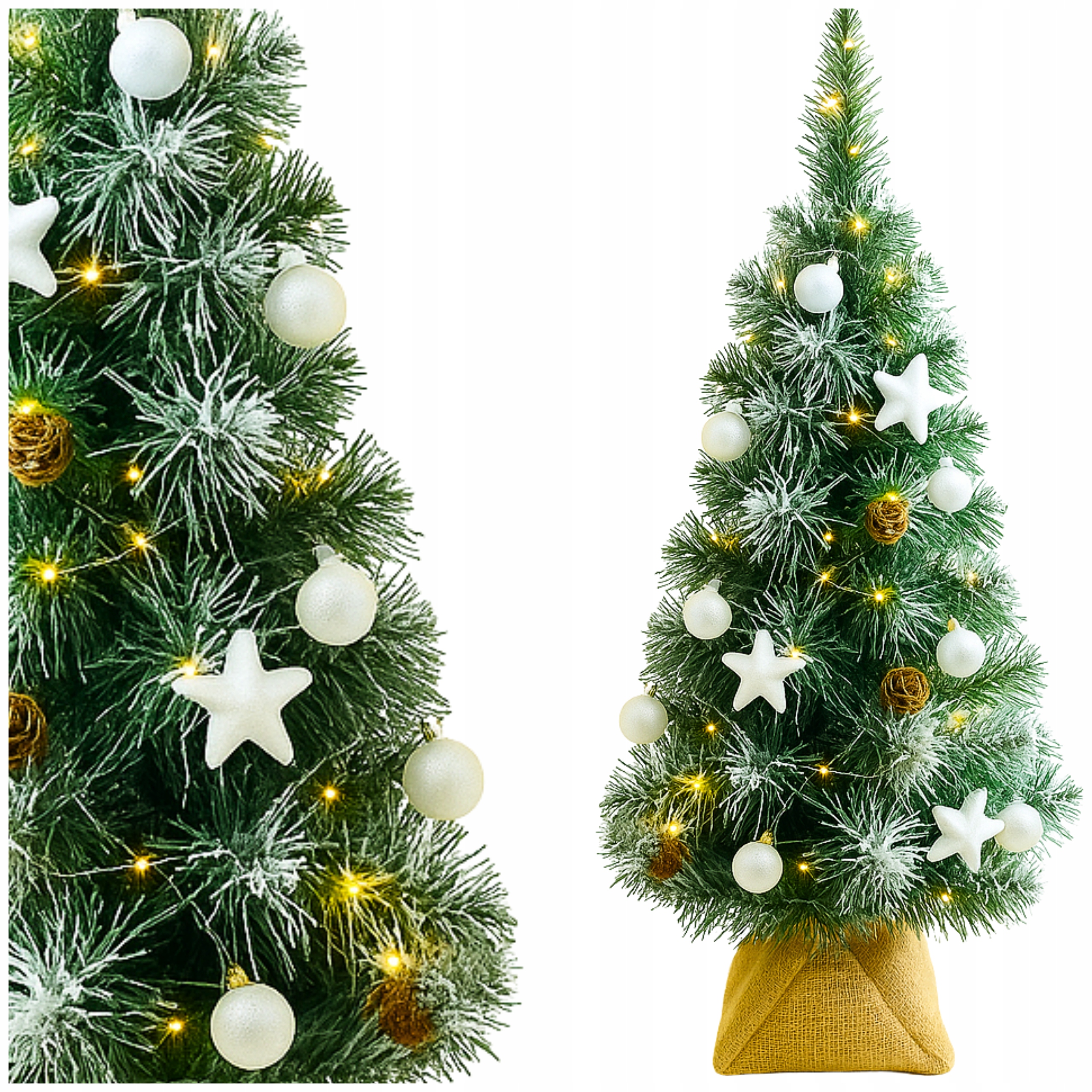 Umelý Vianočný Stromček Borovica Malá 55CM Zasnežená biela, ozdoby, Lampášiky 20LED