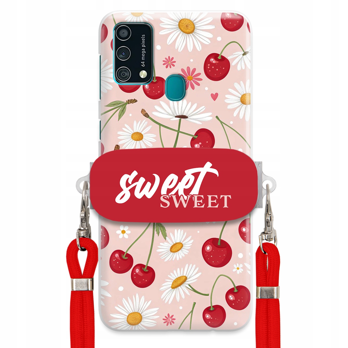 Puzdro pre Samsung F41 Červené vodítko držiak Sweet Sweet Čerešňa a sedmokráska