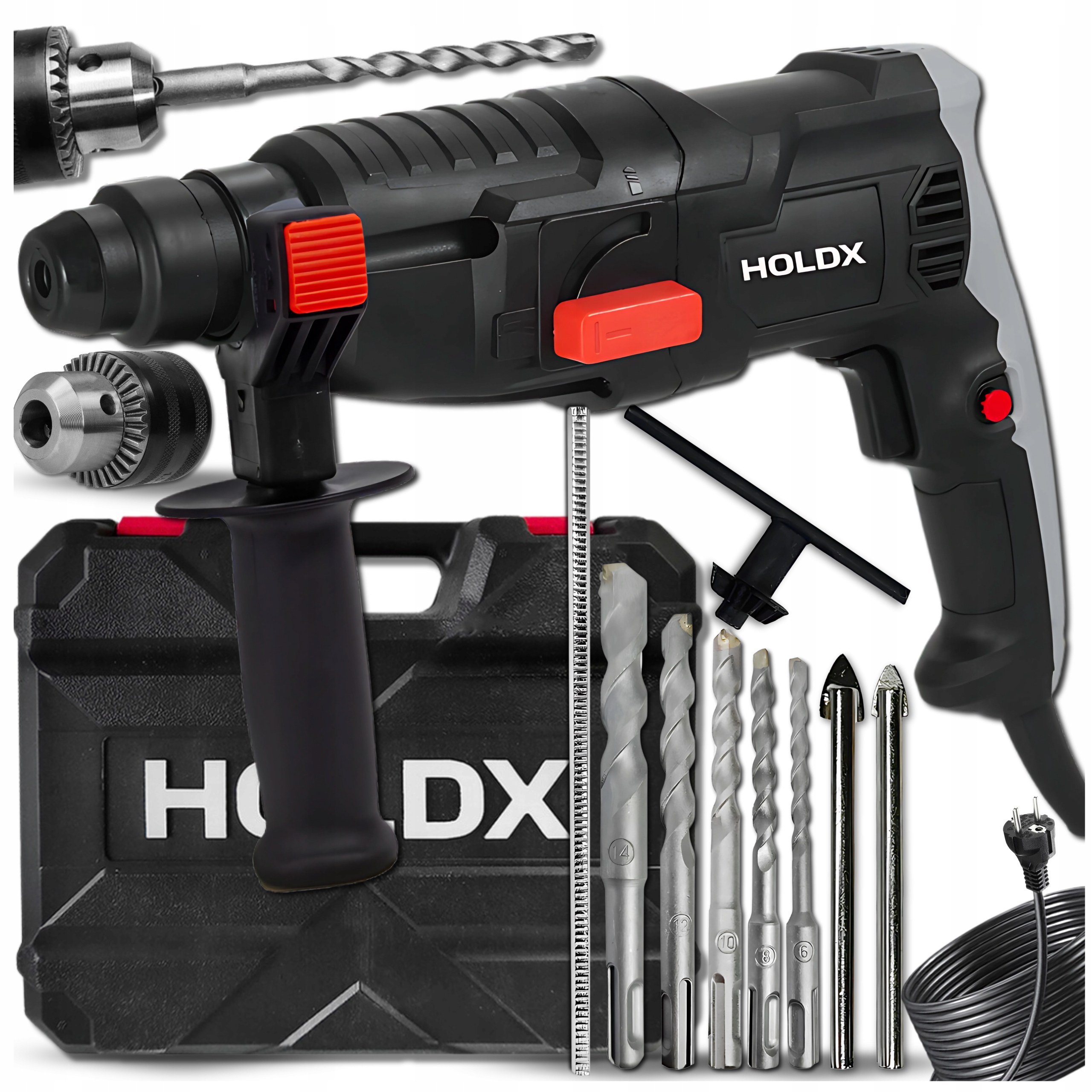 Příklepová Vrtačka 2500W 230V Holdx Sds Silná Vrtací Kladivo Sada Vrtáků