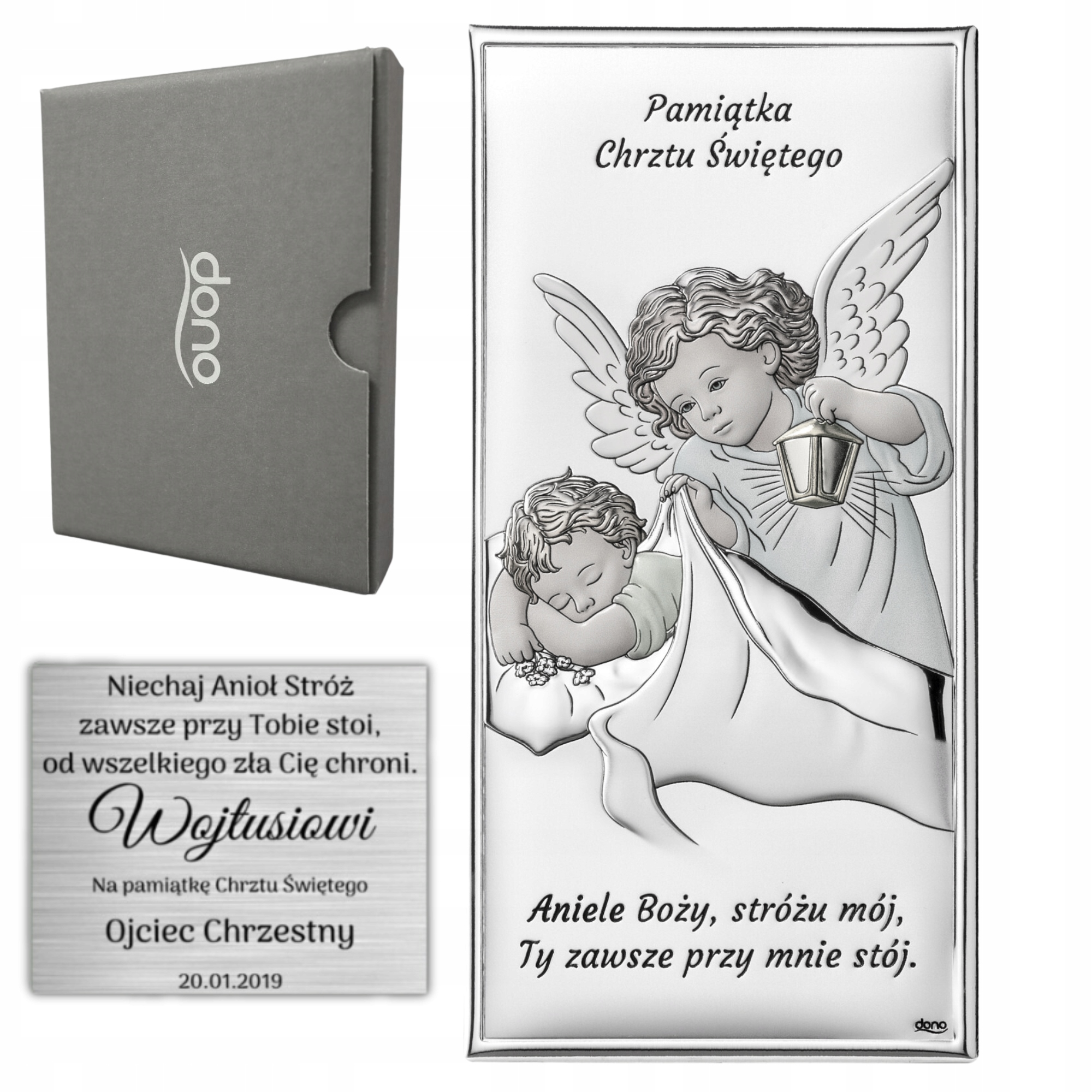 SREBRNY OBRAZEK ANIOŁEK CHRZEST PAMIĄTKA GRAWER
