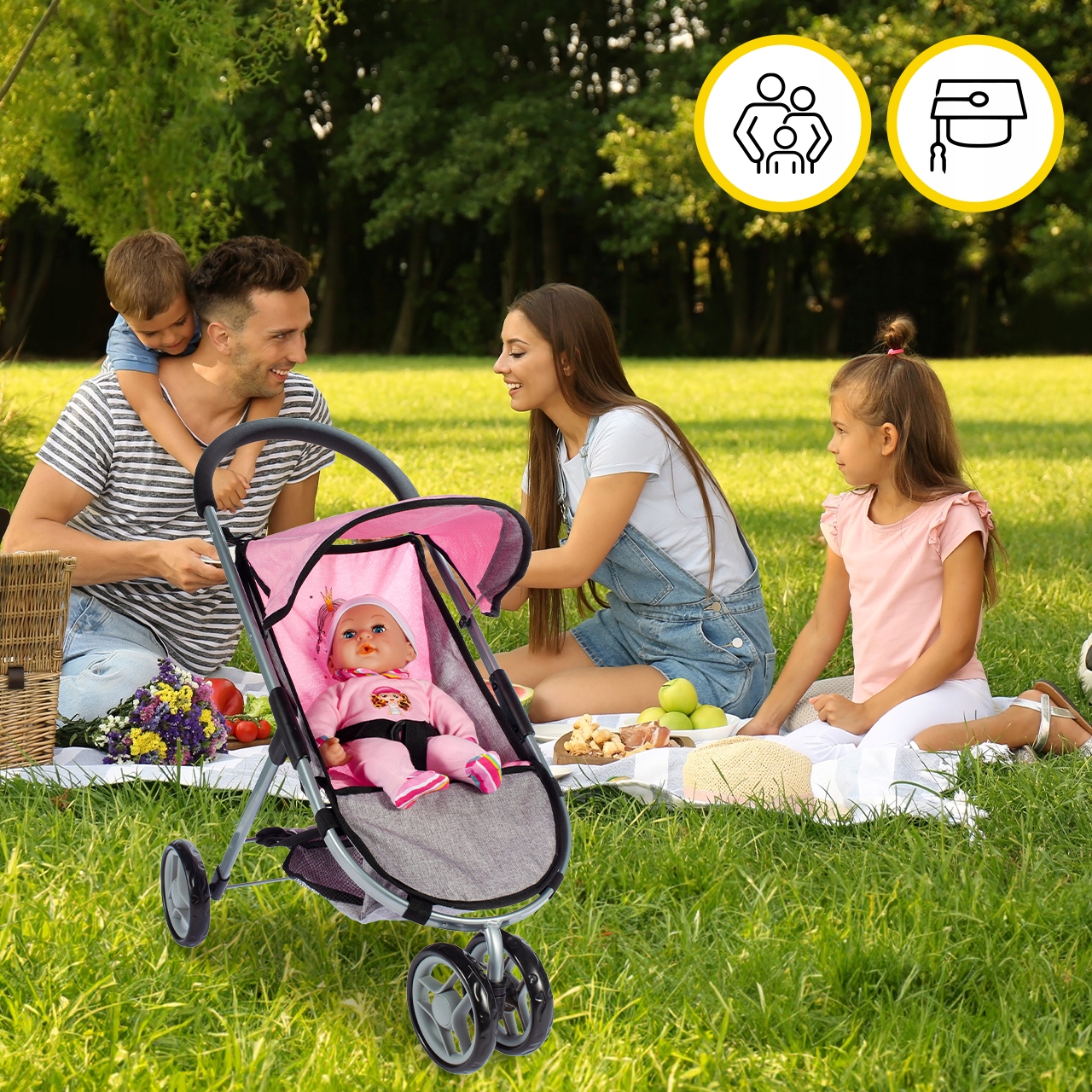 WÓZEK DLA LALEK SPACERÓWKA KSIĘŻNICZKA RÓŻOWA SOLIDNA SKŁADANY DASZEK Marka MalPlay