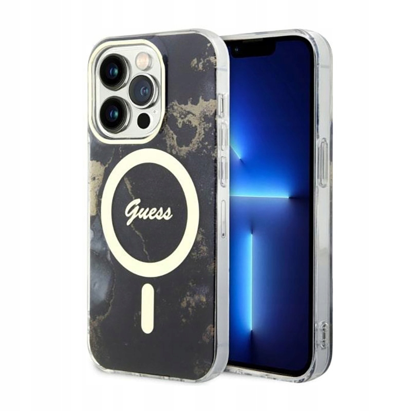 Guess Golden Marble MagSafe – Pouzdro pro iPhone 14 Pro Max (Černé)