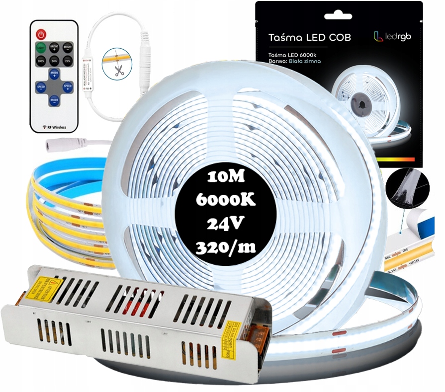 Sada Led pásků Neon Cob 24V 10 m 6000K Bílá Studená Napájecí Zdroj Dálkový Ovladač 8 mm