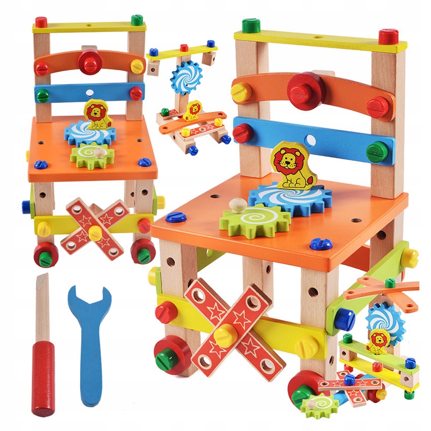 DREWNIANE KRZESŁO MONTAŻOWE STÓŁ MONTESSORI KLOCKI AKCESORIA KONSTRUKCYJNE