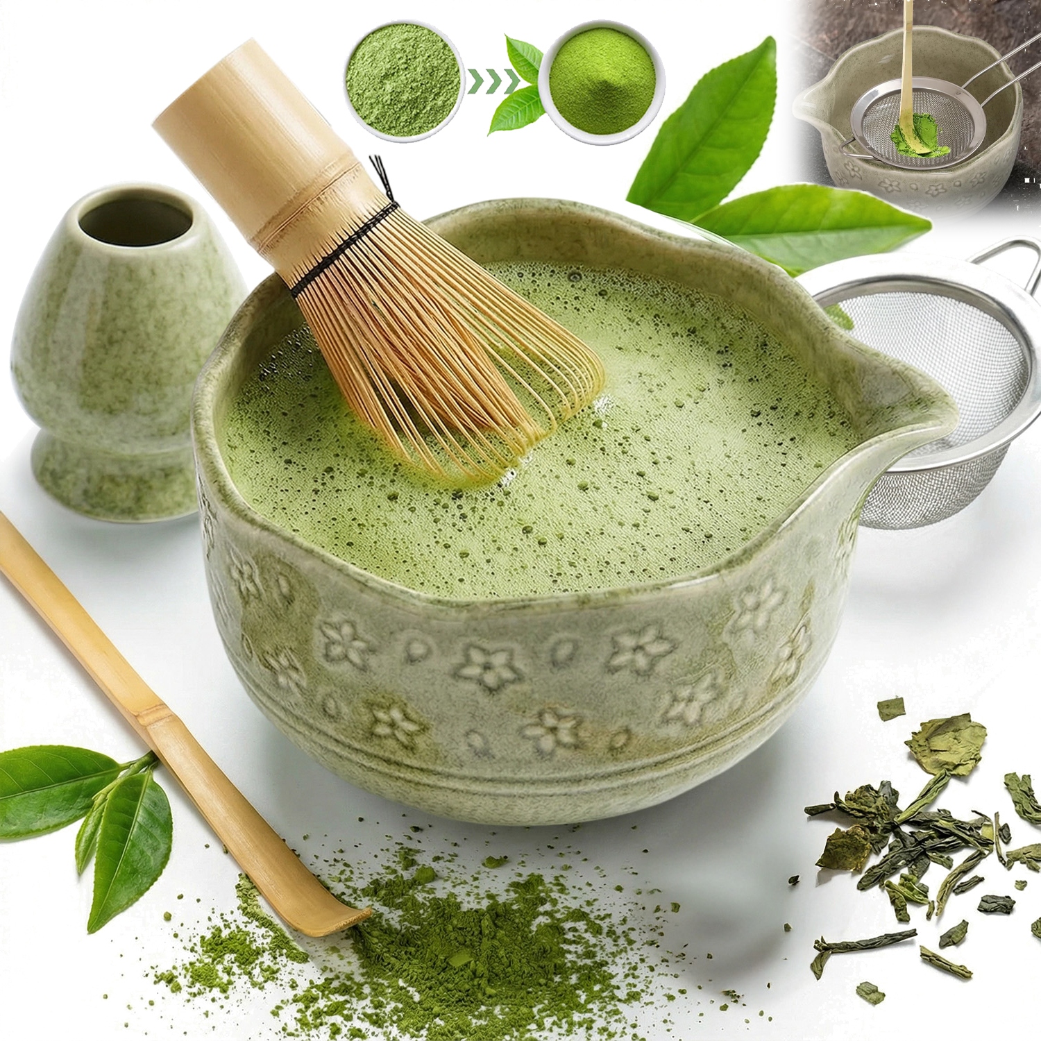 Zestaw Ceremonialny Do Matchy Czarka Miotełka Podstawka Łyżeczka 5 Szt.