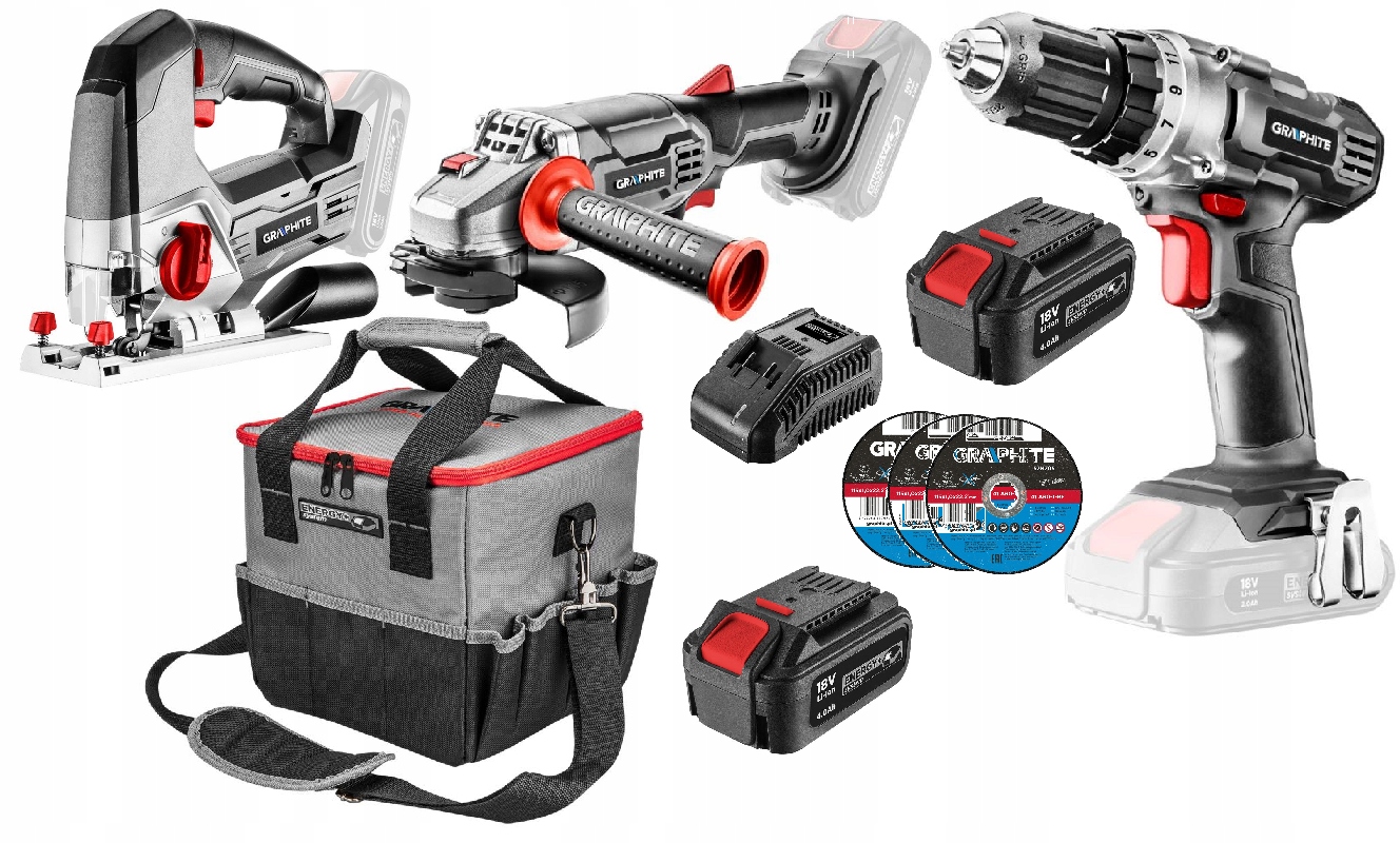 Graphite Aku Sada Nářadí Energy+ 18V 2X 4AH Bruska Taška Kotouče