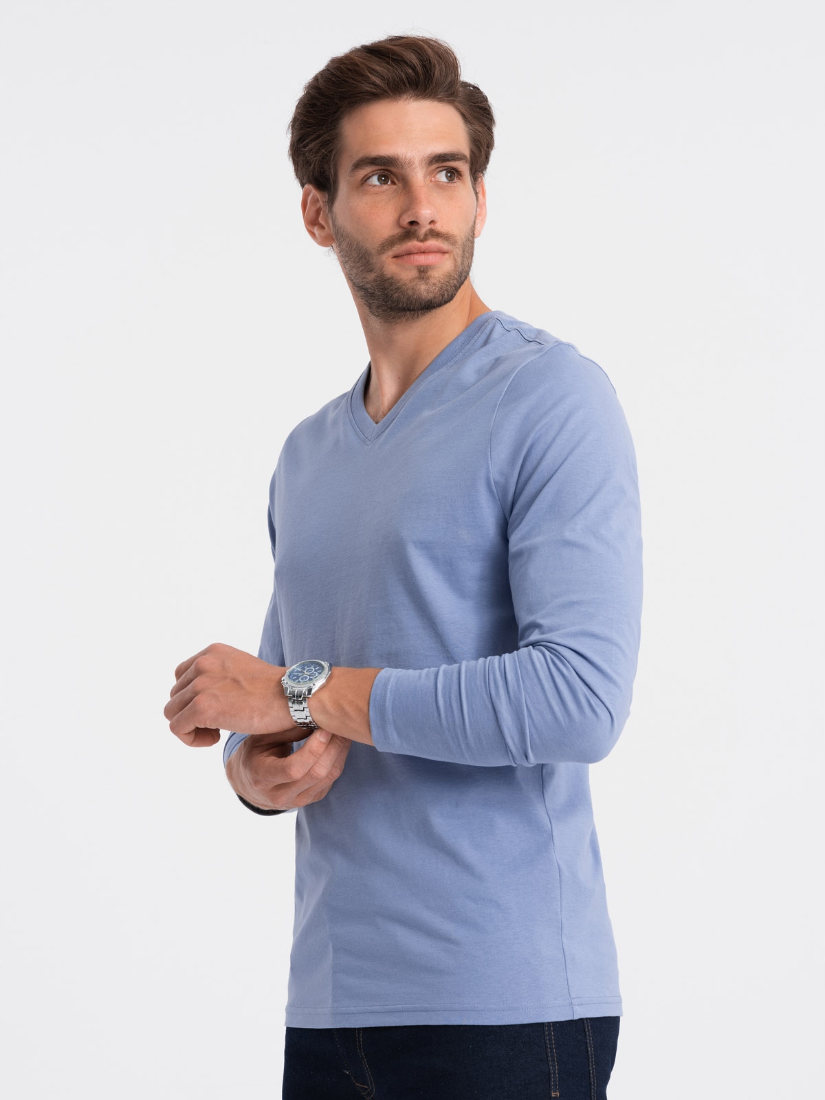 Koszulka męska Longsleeve bez nadruku V-NECK jasnonieb V9 OM-LSBL-0108 M Model OM-LSBL-0108