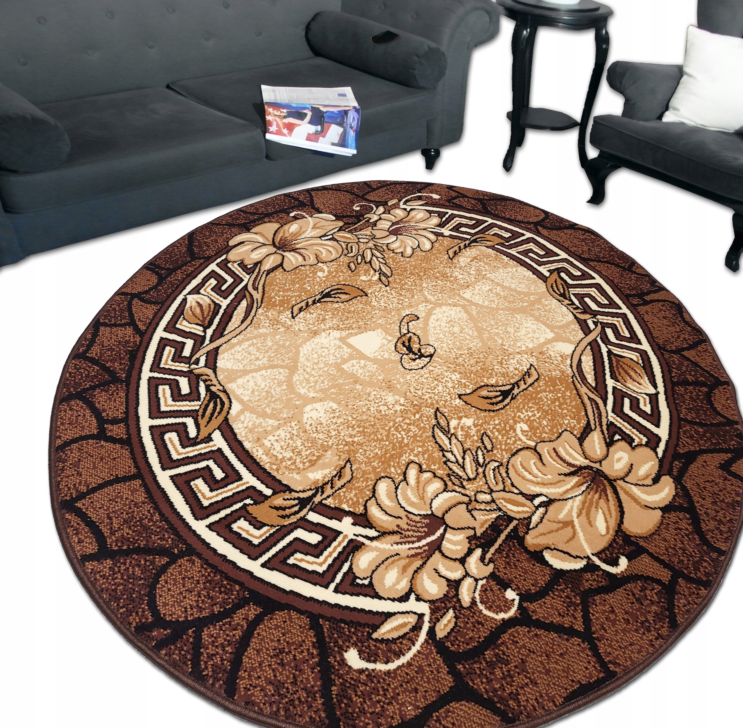 Stylowy Okrągły Dywan Alfa Shiraz Bcf Wersal Brąz Beż 120x120 Koło Belgia