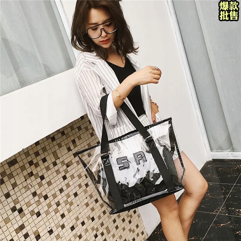 DUŻA TORBA SHOPPER BAG PRZEZROCZYSTA TOREBKA NA RAMIĘ TORBA + KOSMETYCZKA Materiał dominujący inny