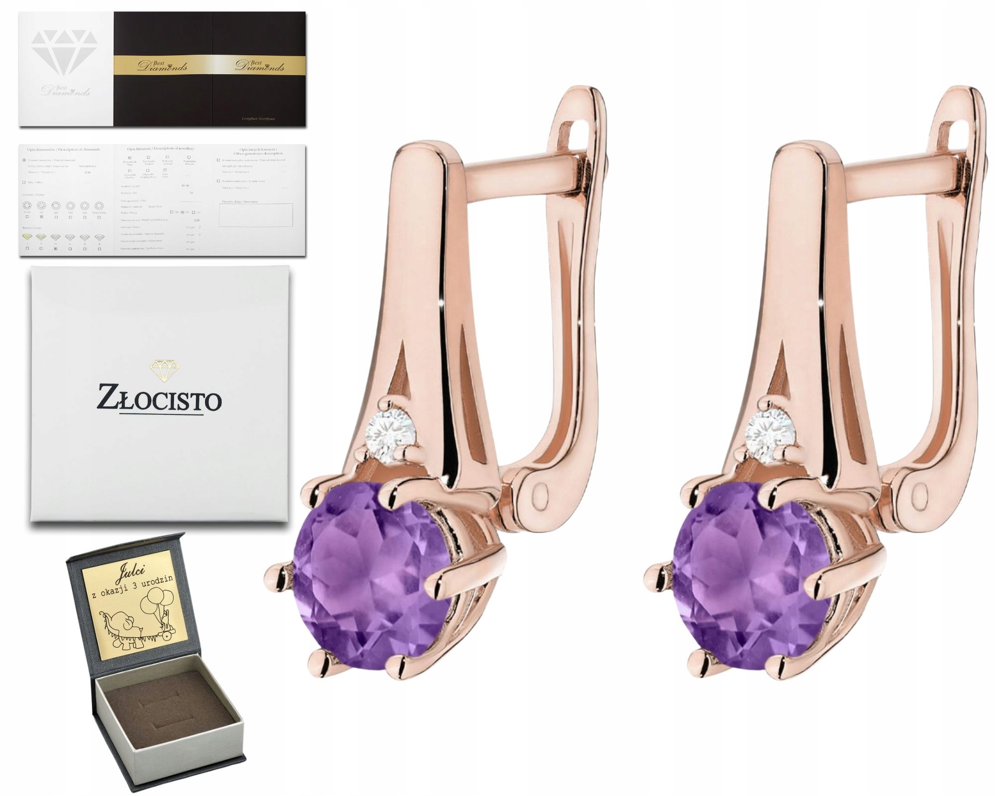 Růžové Zlato Náušnice Přírodní Kámen Ametyst A Brilianty Zlato 585 14K