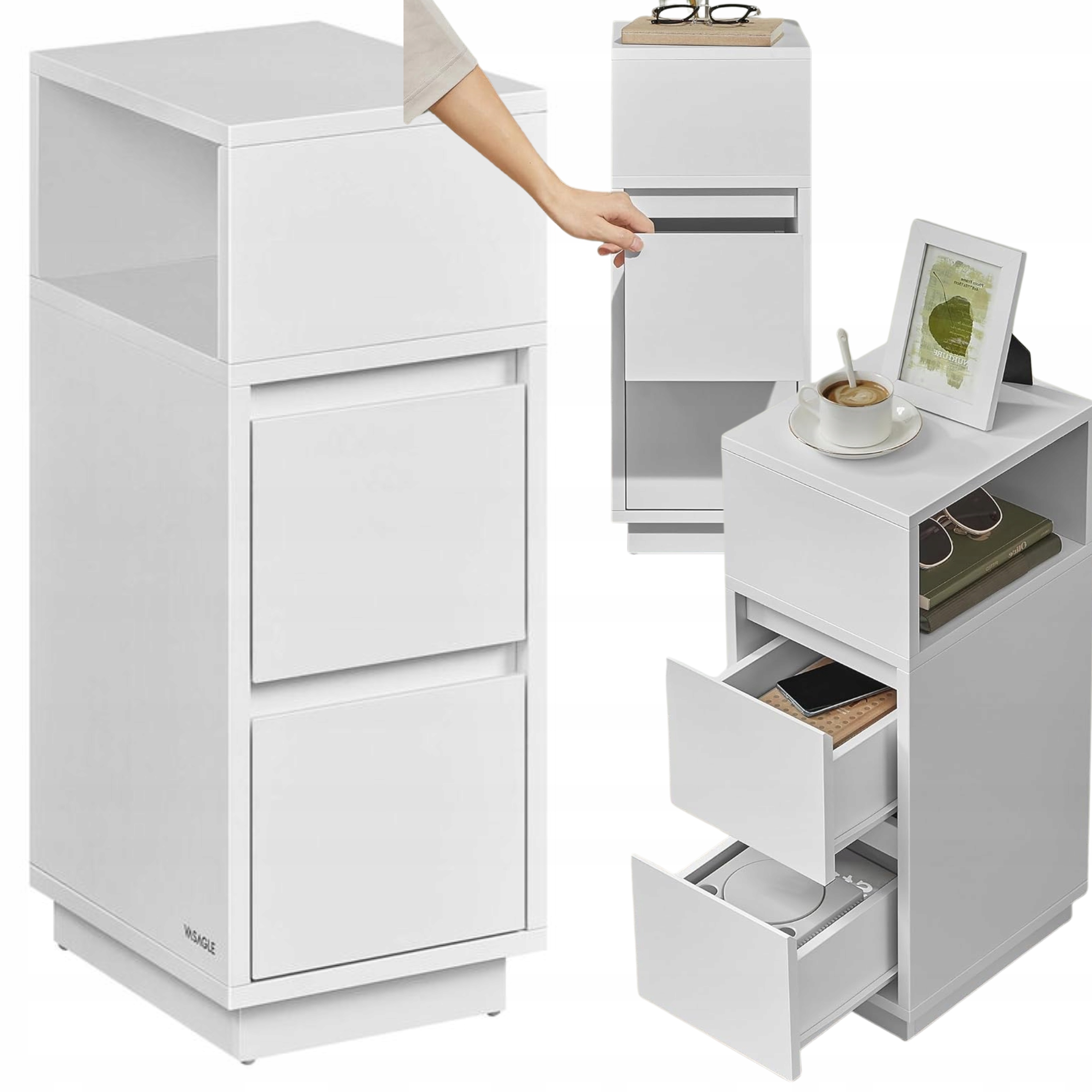 Noční stolek Noční Stolek Bílá Úzká 2 Zásuvky Police Stolek do ložnice