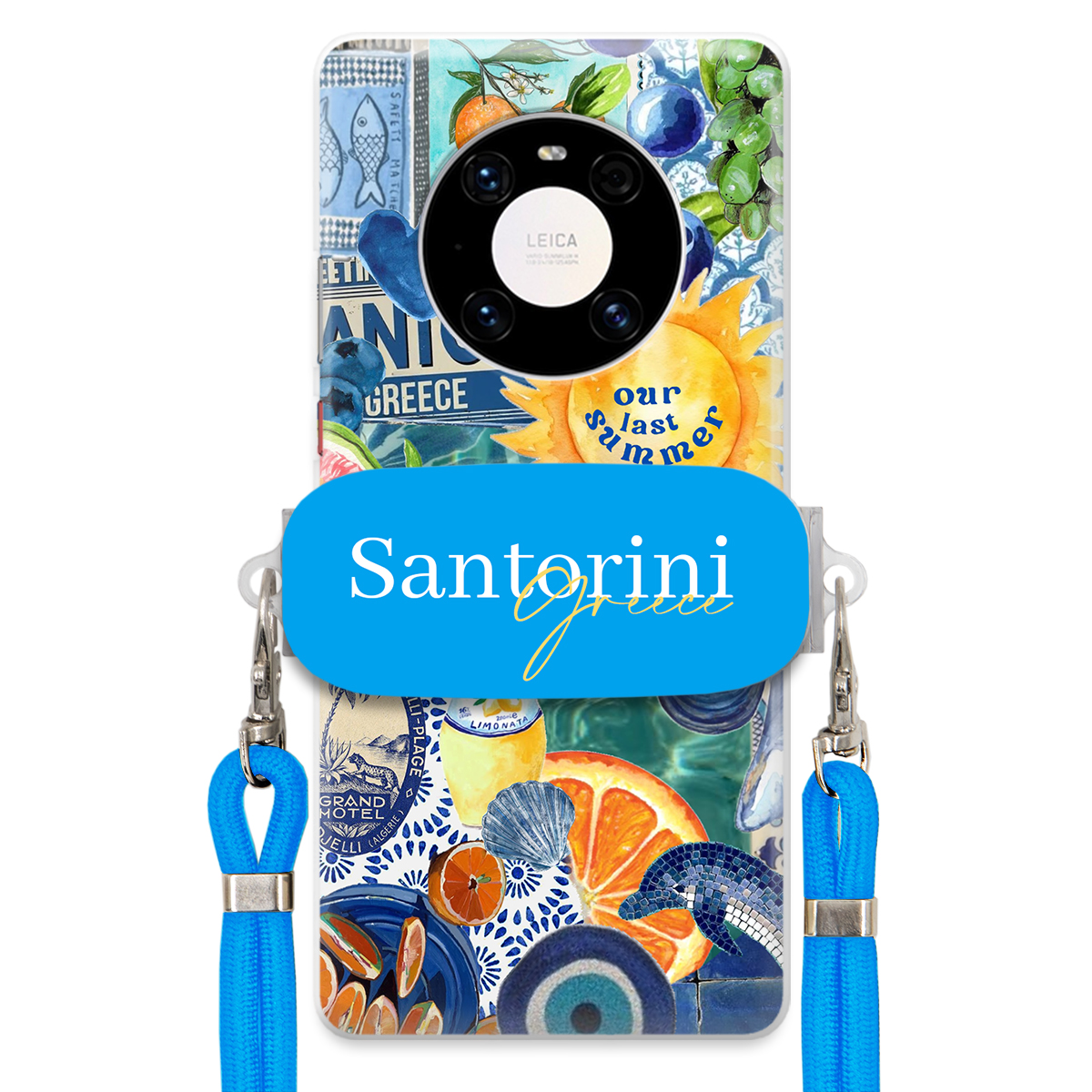 Puzdro pre Huawei Mate 40 Modré Crossbody vodítko držiak Santorini Greece