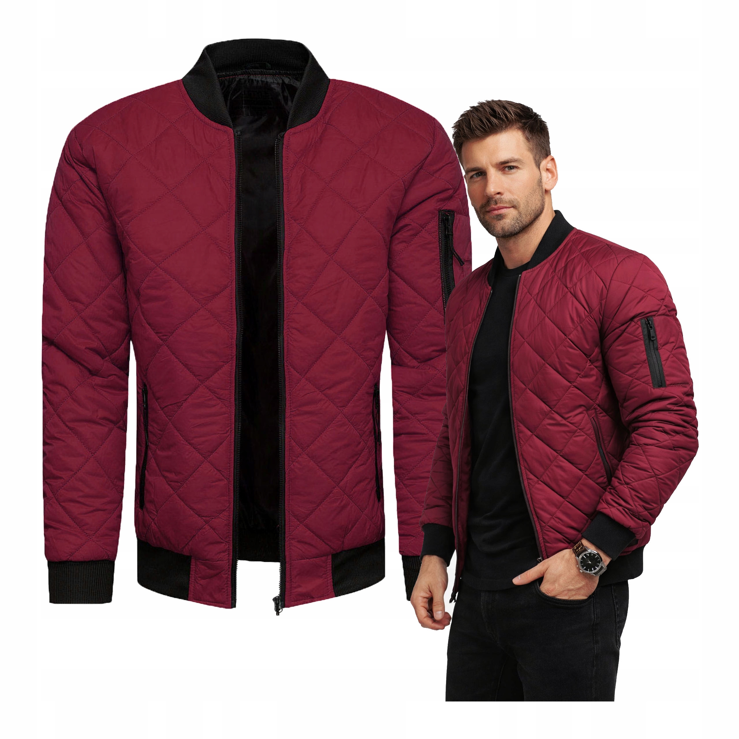 Kurtka Wiosenna Męska bomberka bordowa na suwak bez kaptura L