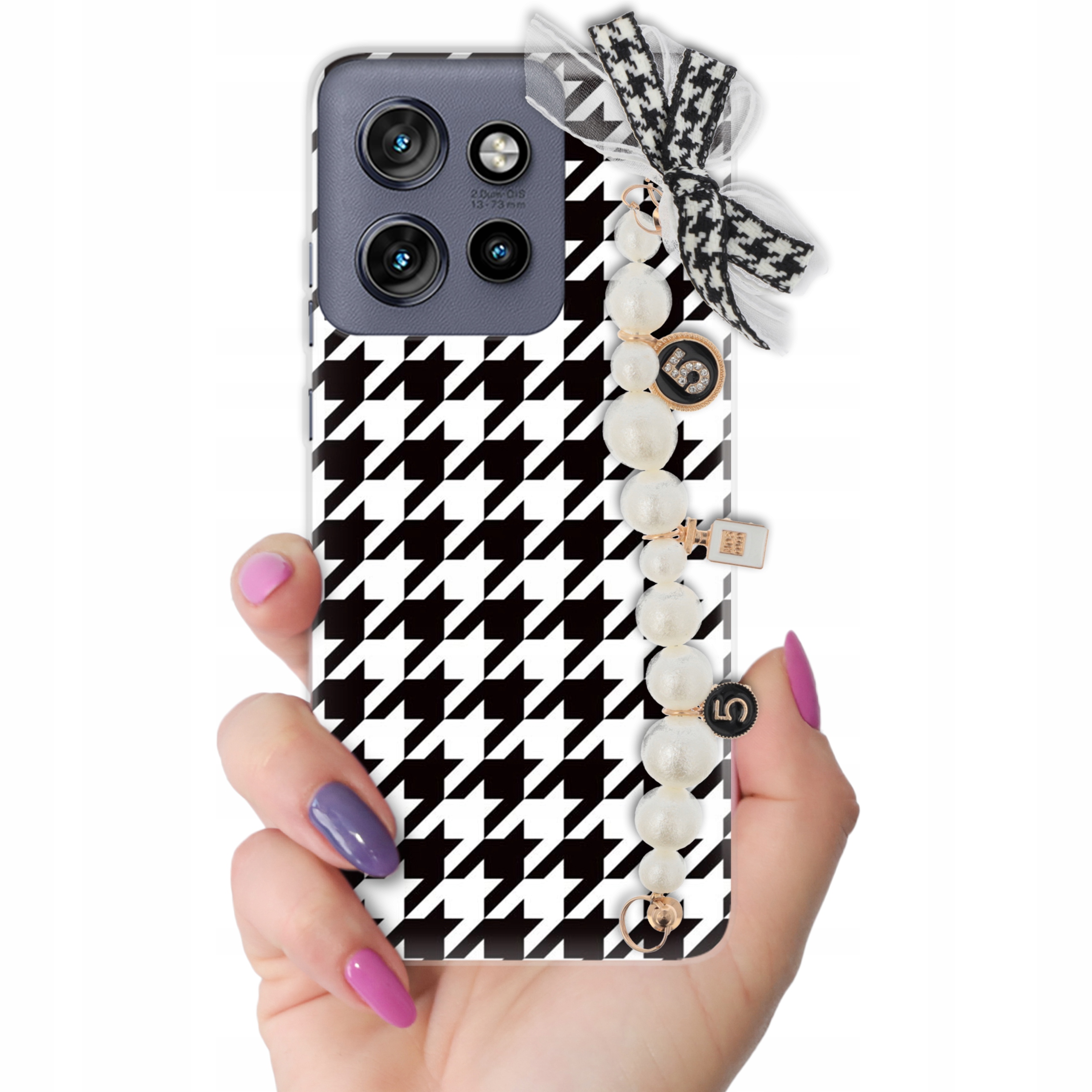 Etui Do Motorola Edge 50 Neo Case pepitka s perličkami a mašličkou|ŠTÝLOVÁ|