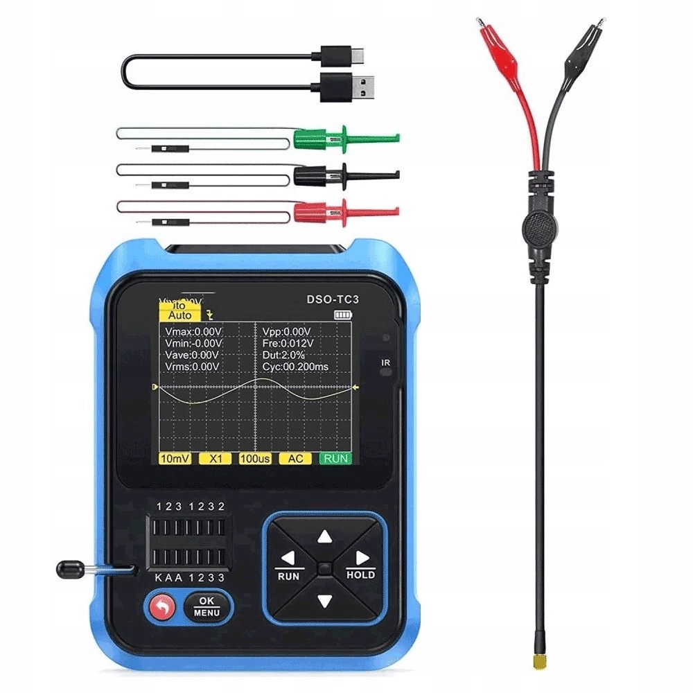 Přenosný osciloskop 3v1, tester tranzistorů Lcr, generátor Fnirsi DSO-TC3