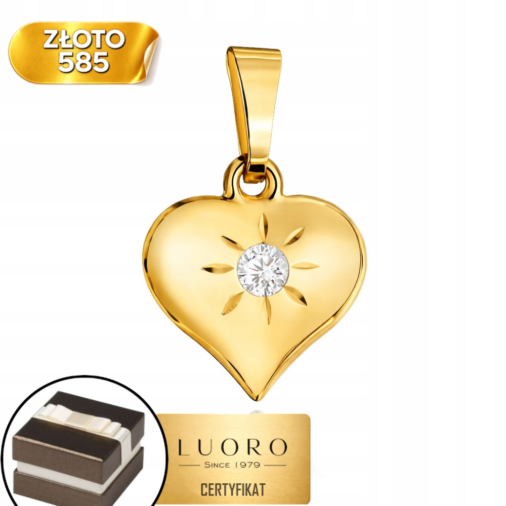 Zlatý Přívěsek 585 14K Konvexní Srdce Se Zirkonem 2 CM Elegantní, Jemný