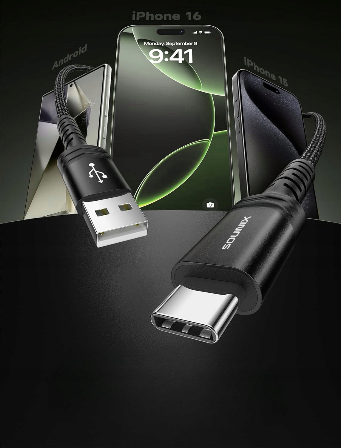 Mocny kabel USB-A do USB-C 2m SOUNIX w oplocie szybkiego ładowania 3A QC Długość przewodu 2 m