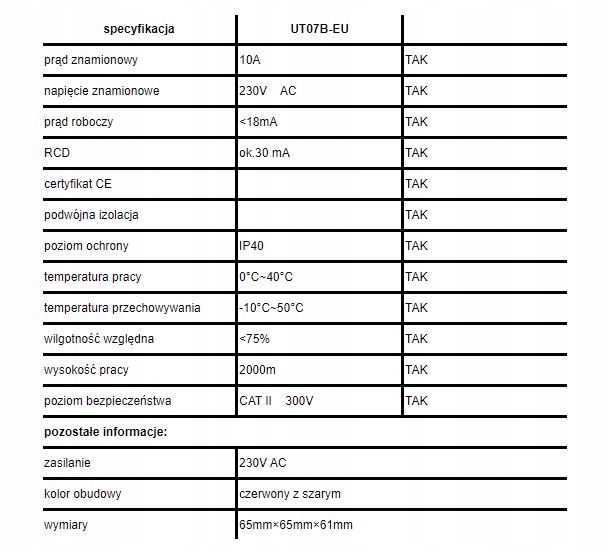 UT07B-EU tester do gniazdek sieciowych AC i RCD EAN (GTIN) 5901890027700