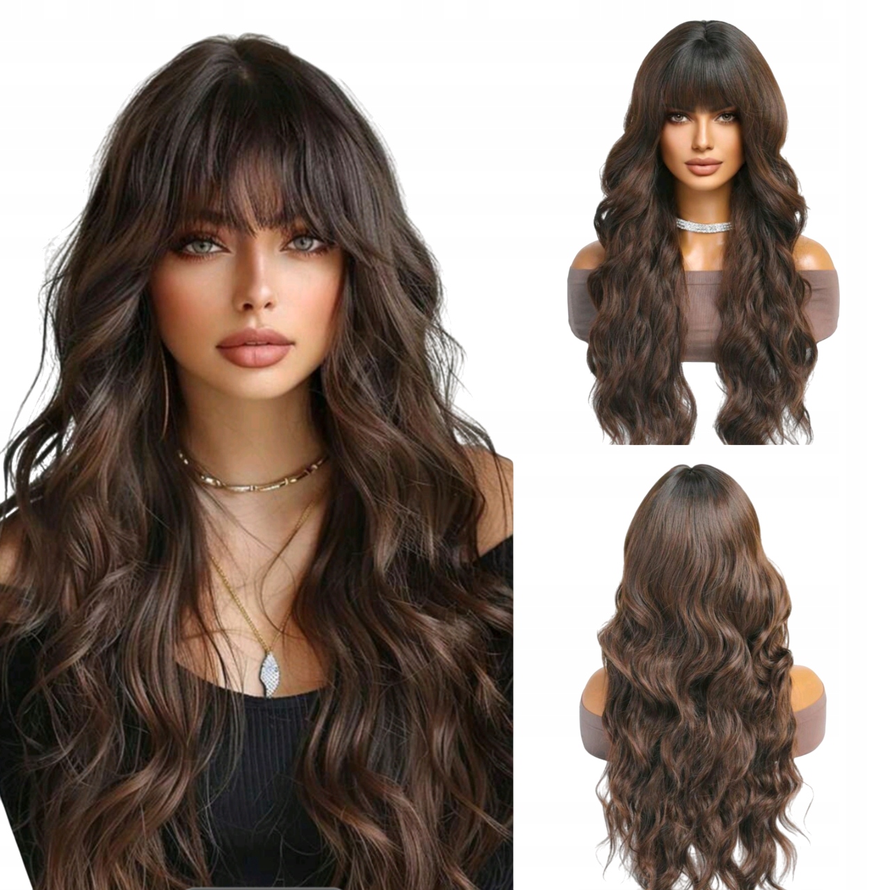 Peruka damska ciemny brąz fale Długie włosy jak naturalne +Czepek