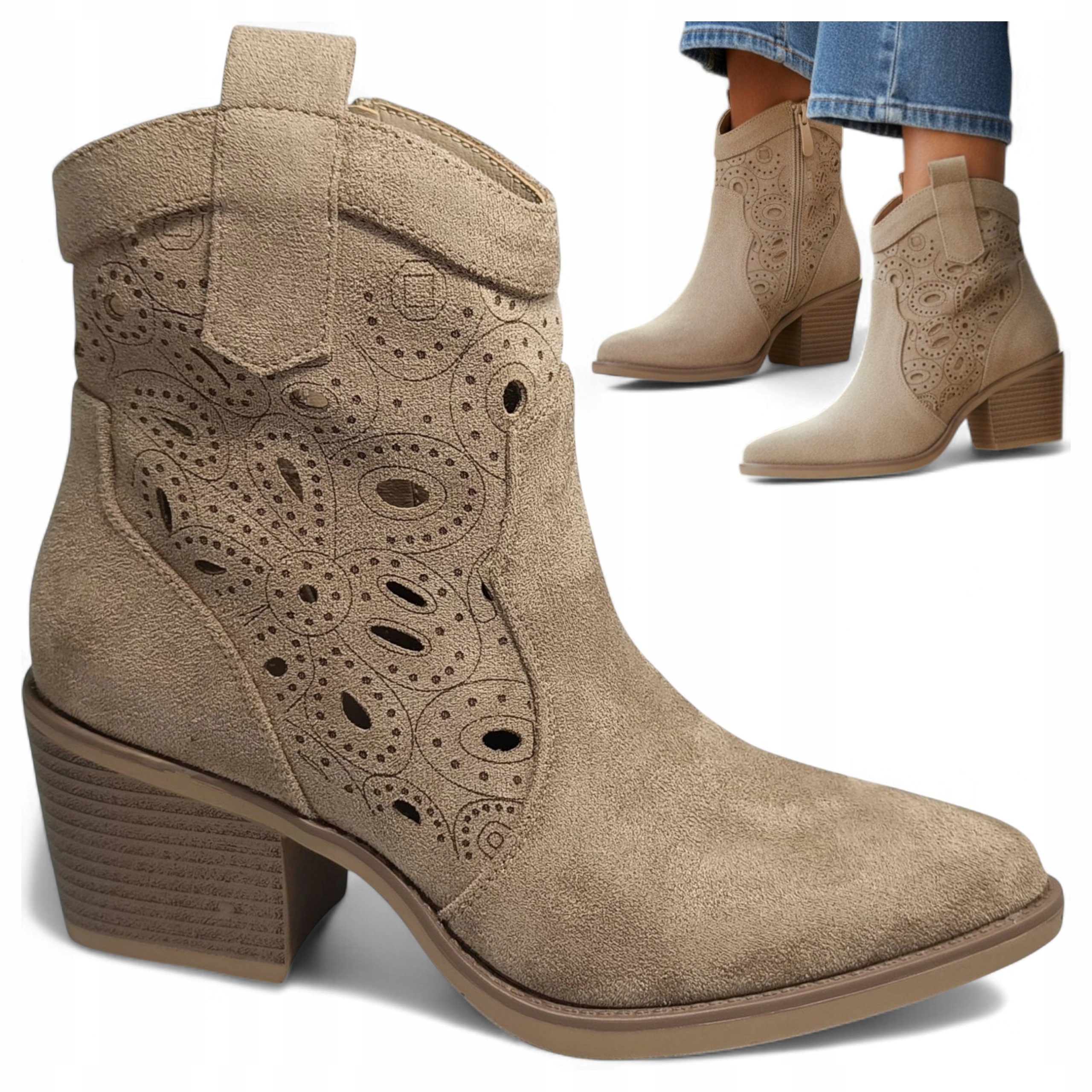 Kotníkové Boty 38 na podpatku Ažurové Kovbojské Boty Semišové Módní Béžové Evento