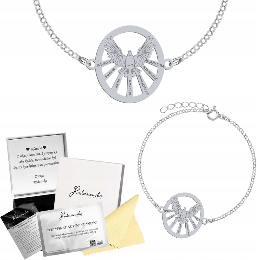 Stříbrný náramek Duch svatý 925 Biřmování Řetízek Gravírování Bonus